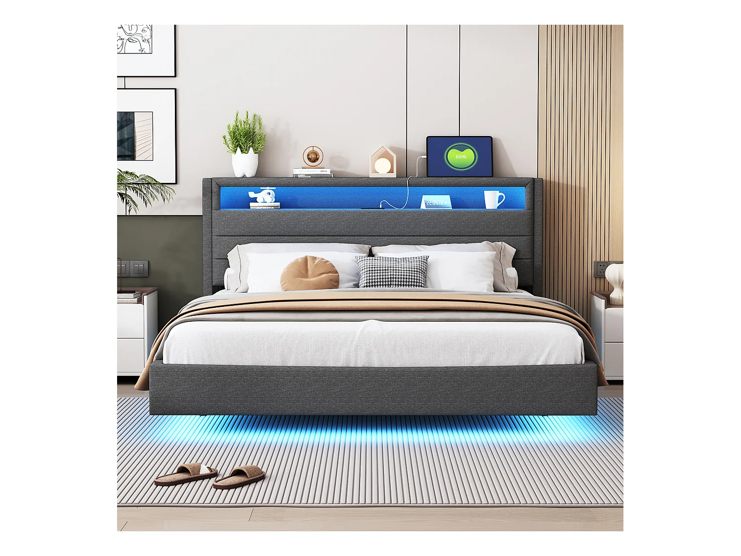 Lit 160 x 200 cm avec Port USB, LED et Tête de Lit Réversible, en Tissu Lin Gris