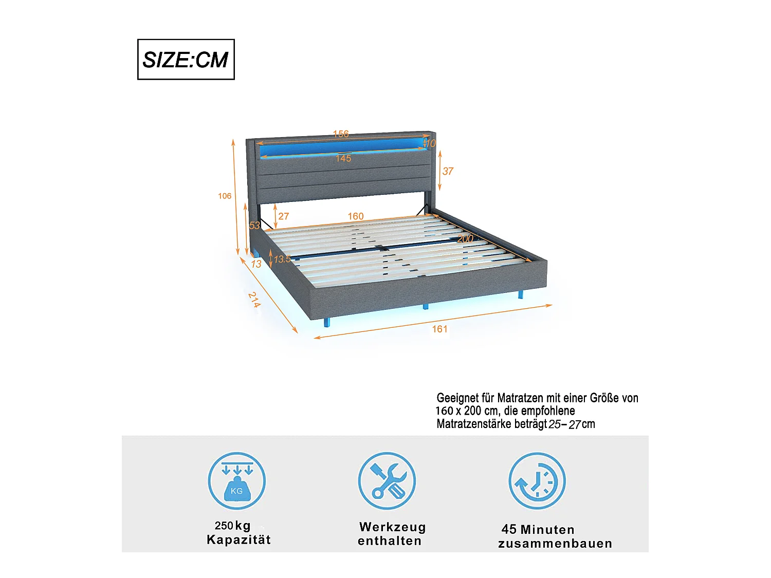 Lit 160 x 200 cm avec Port USB, LED et Tête de Lit Réversible, en Tissu Lin Gris