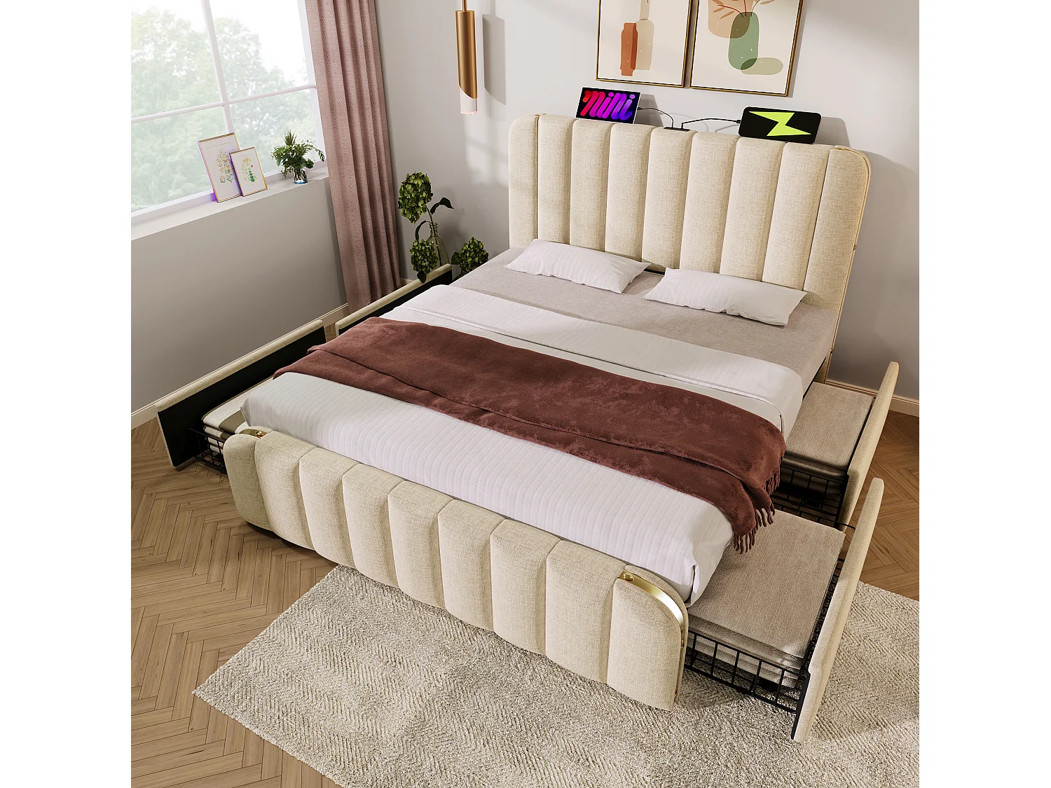 Lit double 160x200 avec tête de lit rembourrée, bandes décoratives dorées et port USB Type-C, en lin beige avec 4 tiroirs, capacité 200 kg (sans matelas)