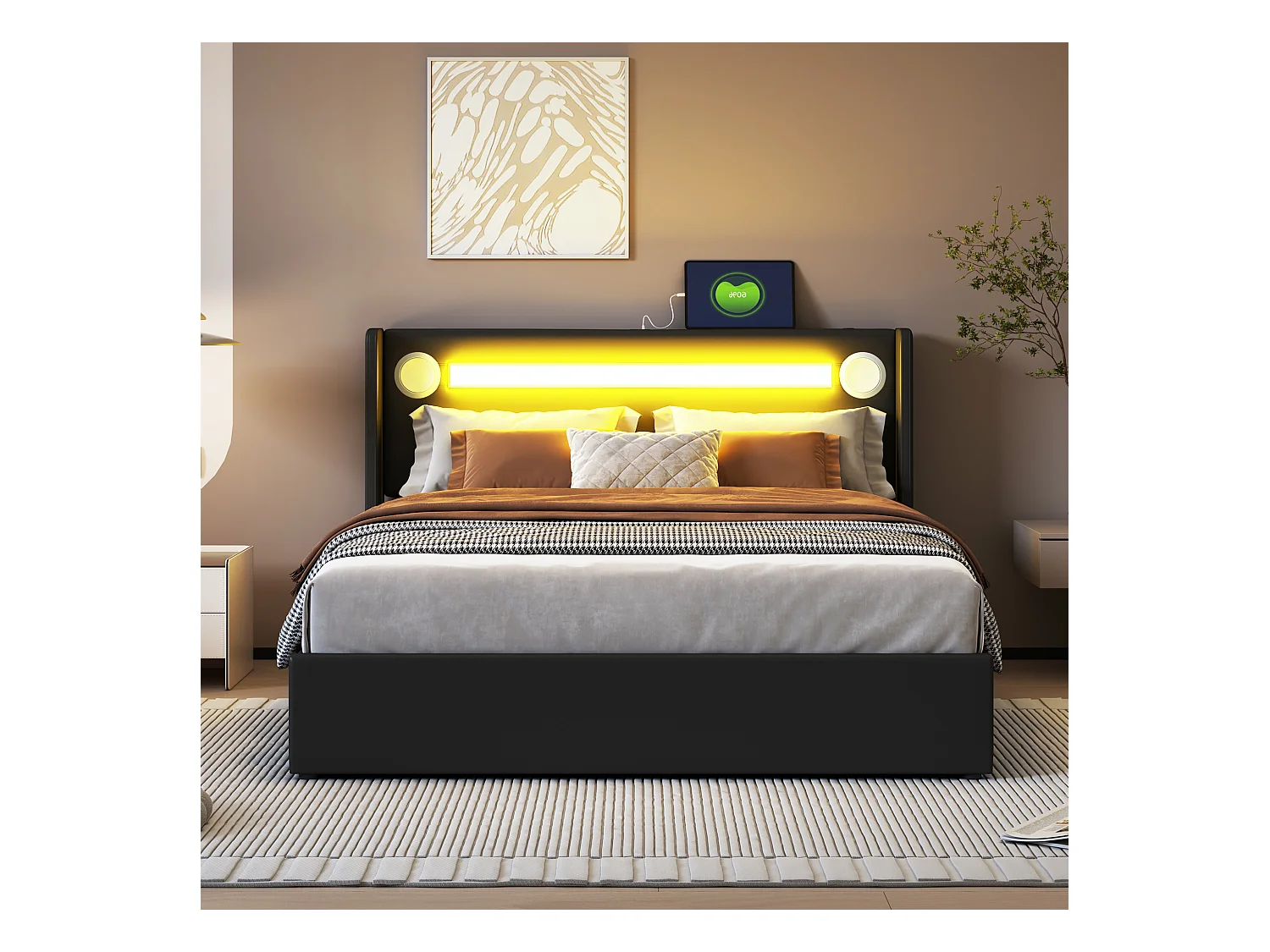Lit 140 x 200 cm avec LED, Bluetooth et USB, en Cuir PU avec Rangement et Sommier, Noir
