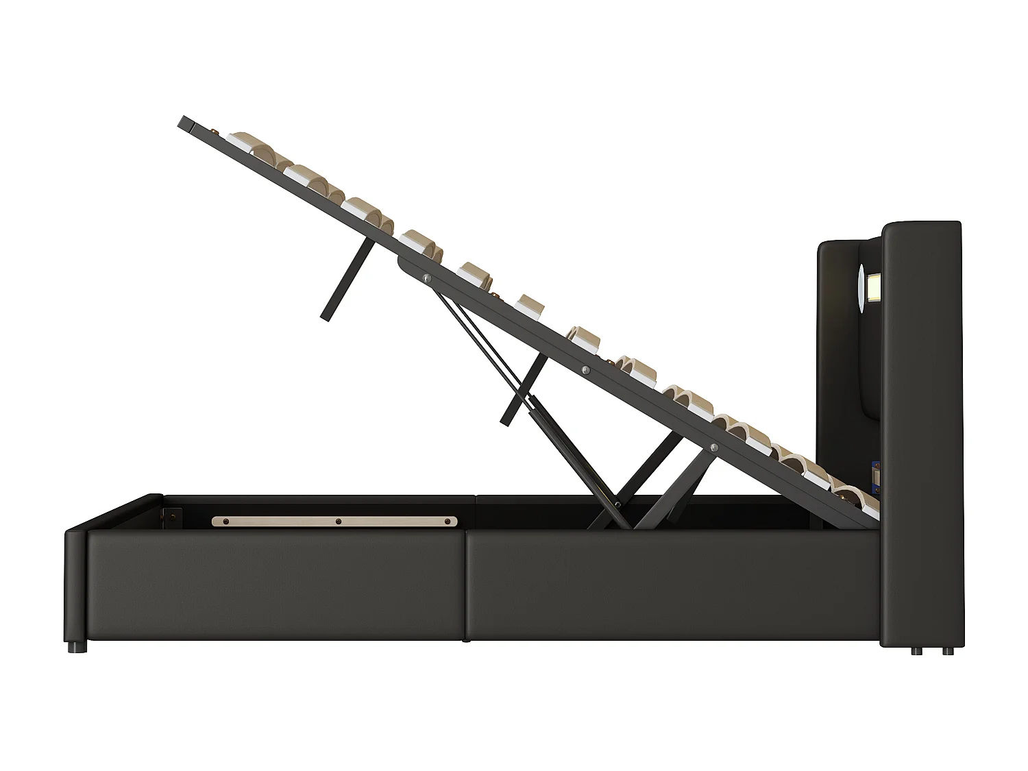 Lit 140 x 200 cm avec LED, Bluetooth et USB, en Cuir PU avec Rangement et Sommier, Noir