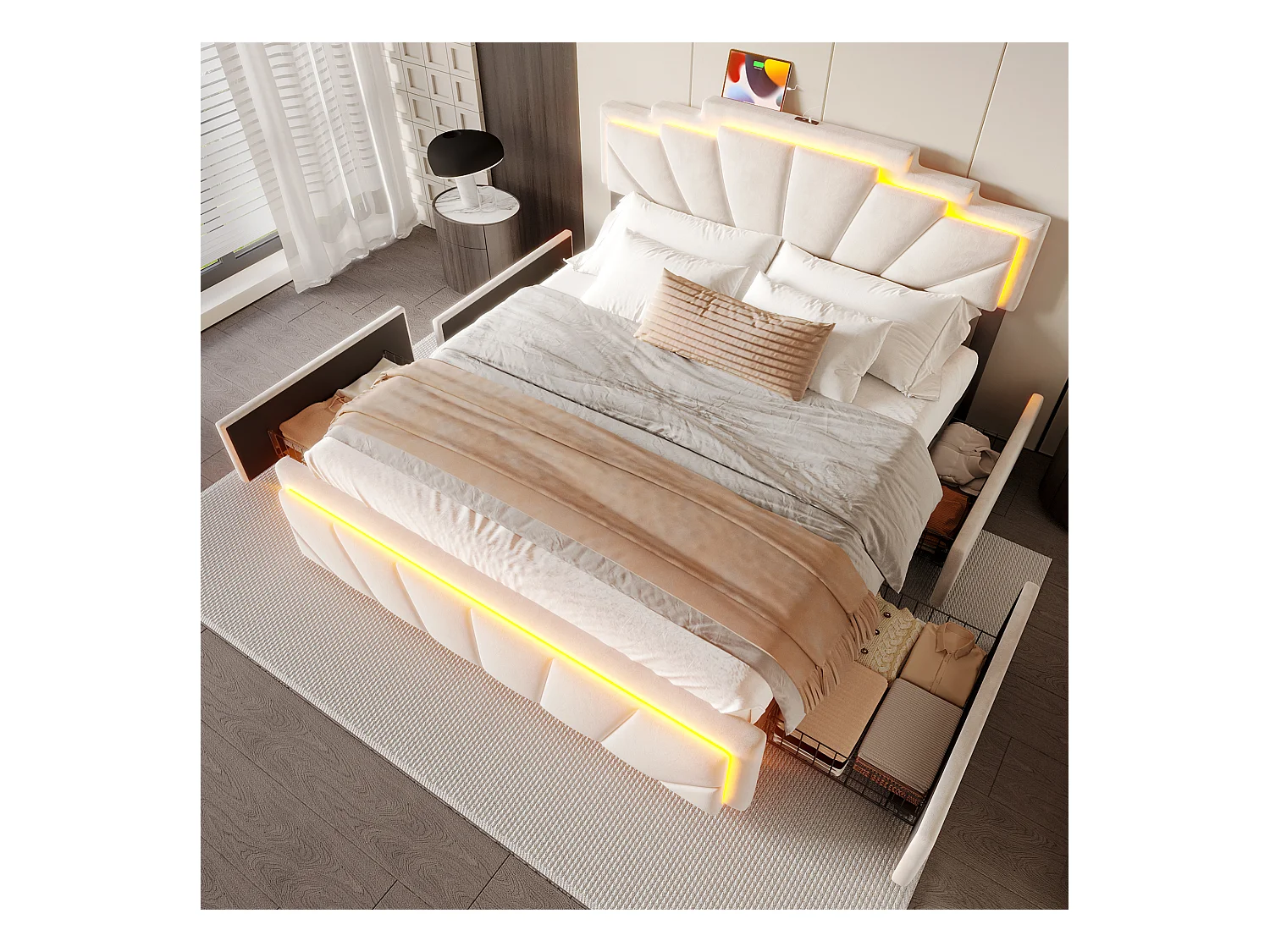 Lit capitonné moderne 160x200cm – Design élégant, tête de lit trapézoïdale unique, bande LED intégrée, 2 réglages de hauteur, USB Type-C, 2 tiroirs spacieux