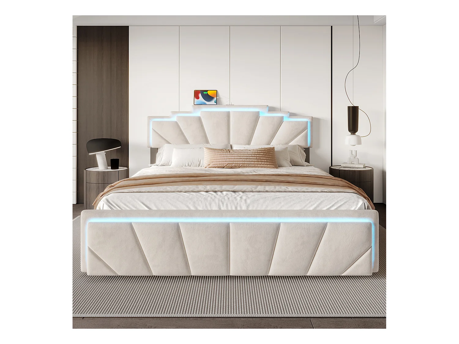 Lit capitonné moderne 160x200cm – Design élégant, tête de lit trapézoïdale unique, bande LED intégrée, 2 réglages de hauteur, USB Type-C, 2 tiroirs spacieux