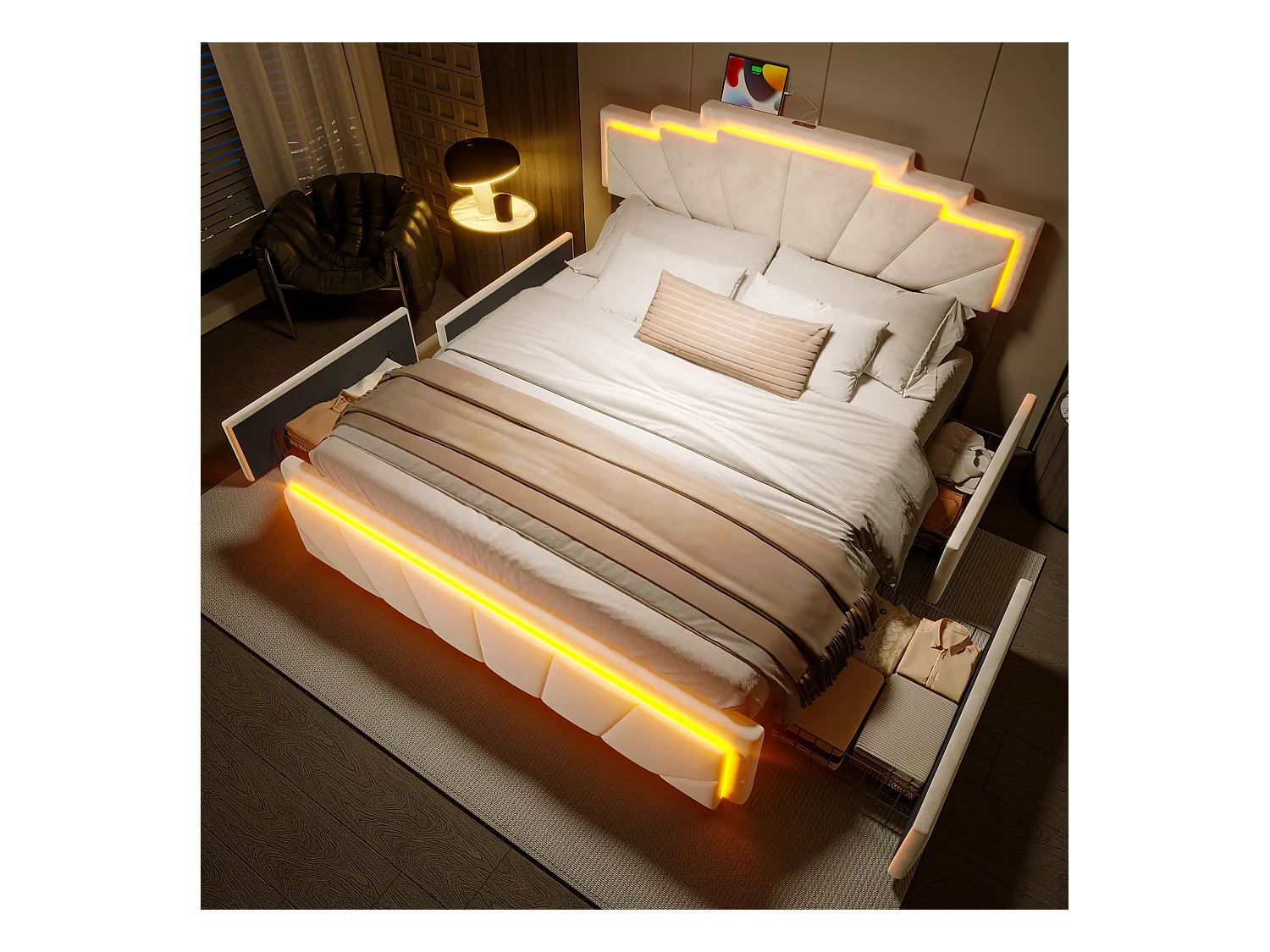 Lit capitonné moderne 160x200cm – Design élégant, tête de lit trapézoïdale unique, bande LED intégrée, 2 réglages de hauteur, USB Type-C, 2 tiroirs spacieux
