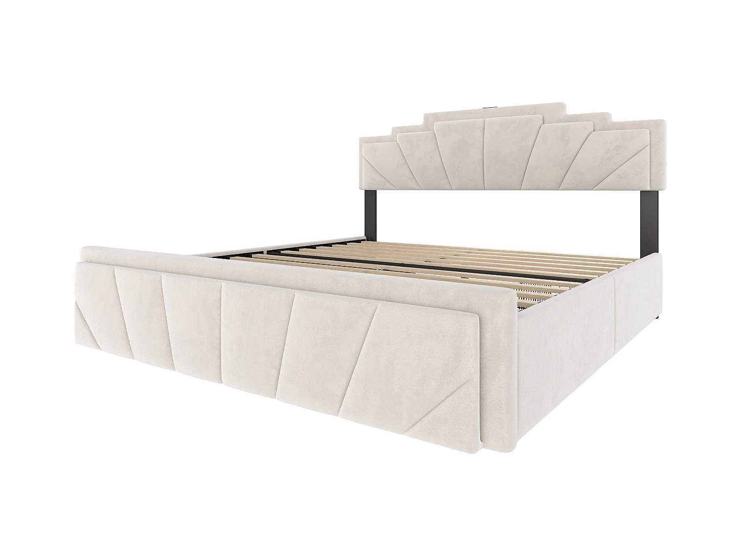 Lit capitonné moderne 160x200cm – Design élégant, tête de lit trapézoïdale unique, bande LED intégrée, 2 réglages de hauteur, USB Type-C, 2 tiroirs spacieux