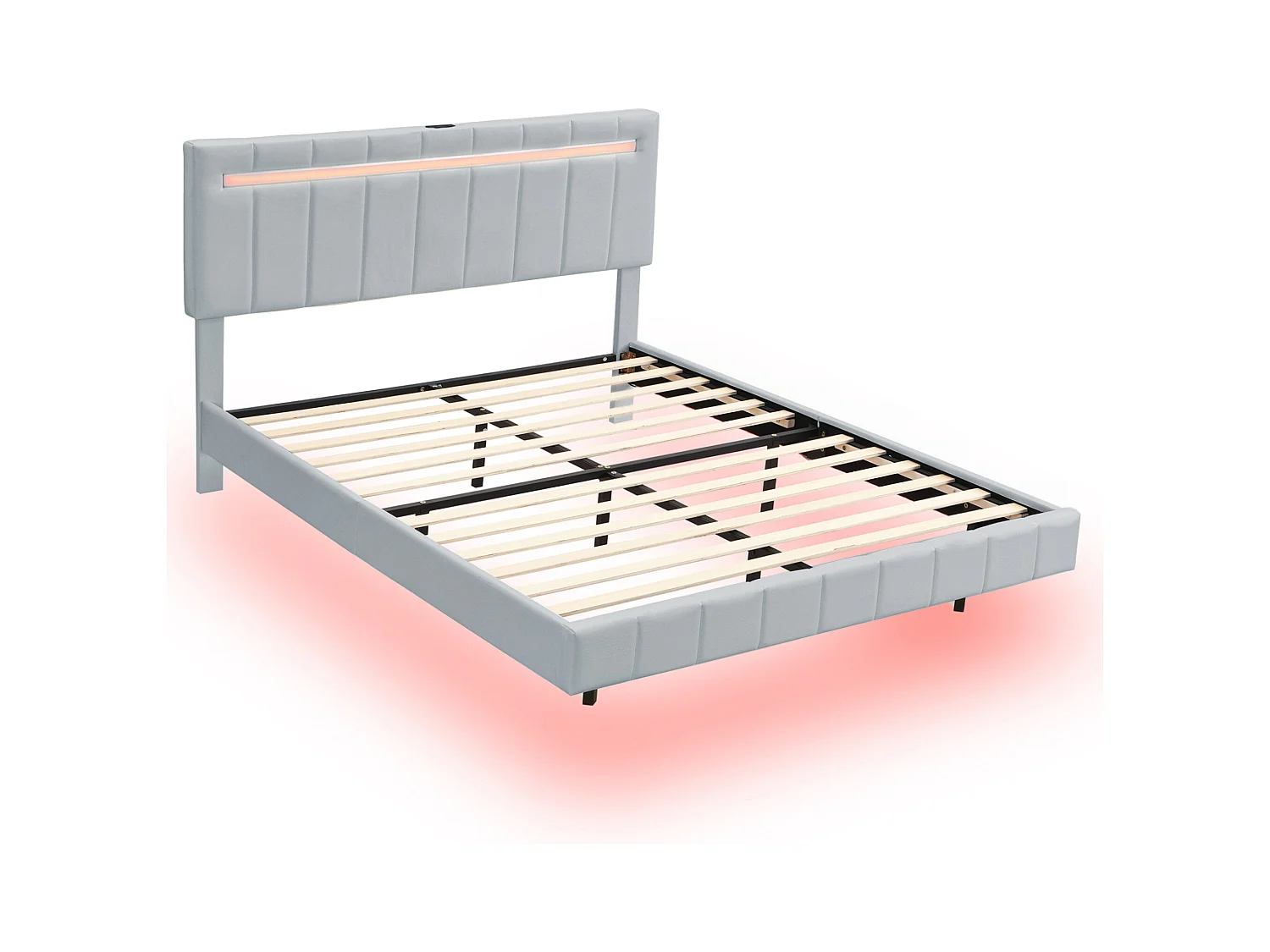 Lit Polster 160 x 200 cm, cadre flottant rembourré avec éclairage LED et tête de lit design, lit double/gast lit en lin gris doux.