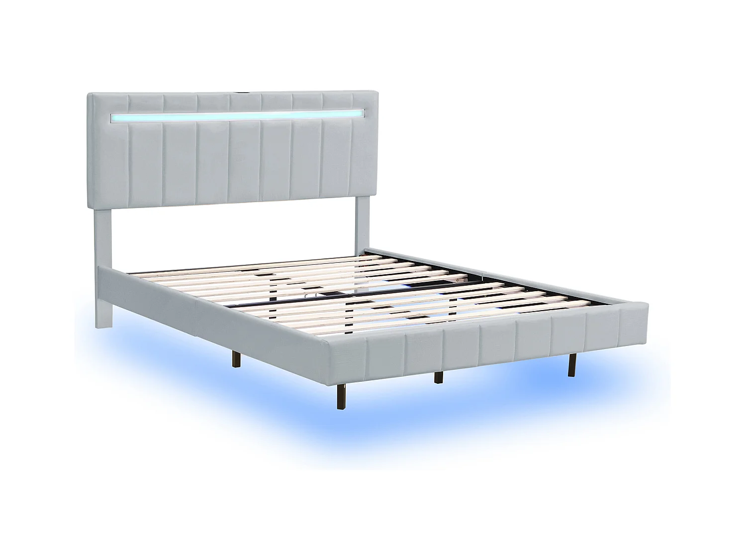 Lit Polster 160 x 200 cm, cadre flottant rembourré avec éclairage LED et tête de lit design, lit double/gast lit en lin gris doux.