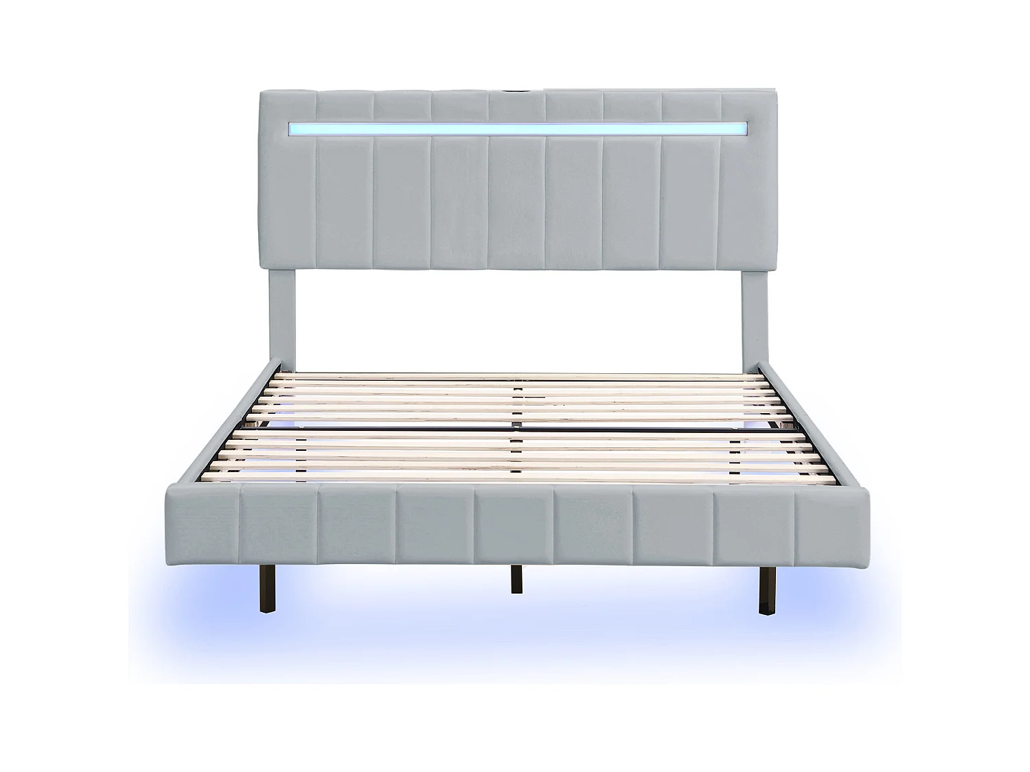 Lit Polster 160 x 200 cm, cadre flottant rembourré avec éclairage LED et tête de lit design, lit double/gast lit en lin gris doux.