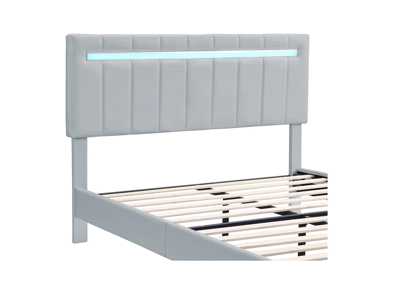 Lit Polster 160 x 200 cm, cadre flottant rembourré avec éclairage LED et tête de lit design, lit double/gast lit en lin gris doux.