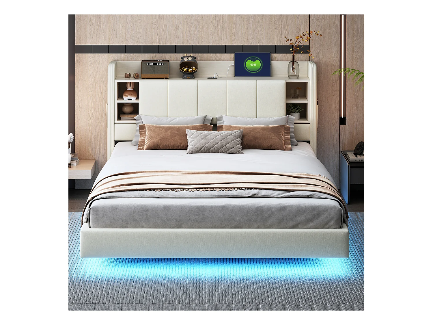 Lit Polster 160 x 200 cm, avec prise USB et barre lumineuse, tête de lit réversible avec étagères et tiroirs, cadre métallique stable, tissu lin beige.