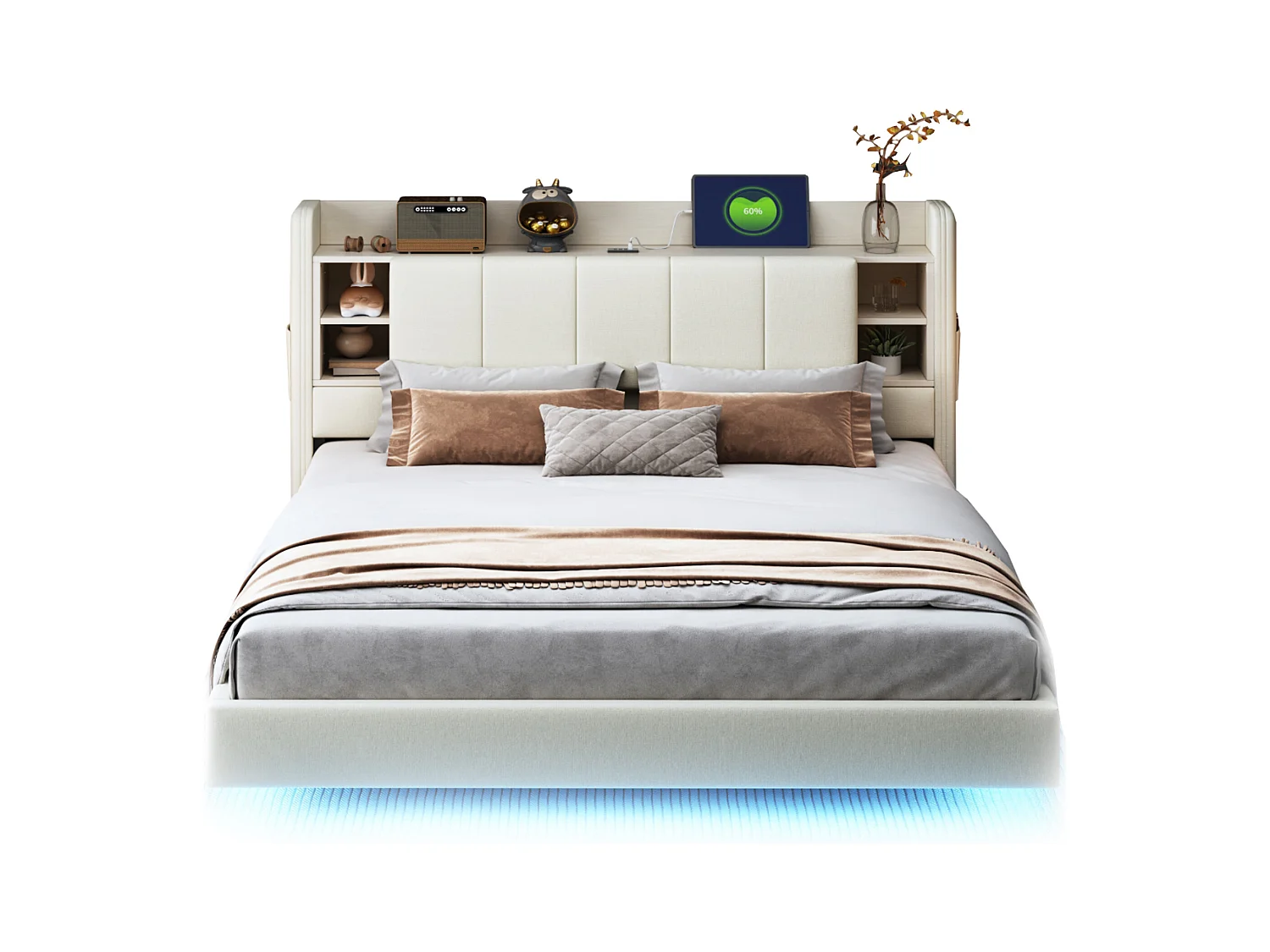 Lit Polster 160 x 200 cm, avec prise USB et barre lumineuse, tête de lit réversible avec étagères et tiroirs, cadre métallique stable, tissu lin beige.