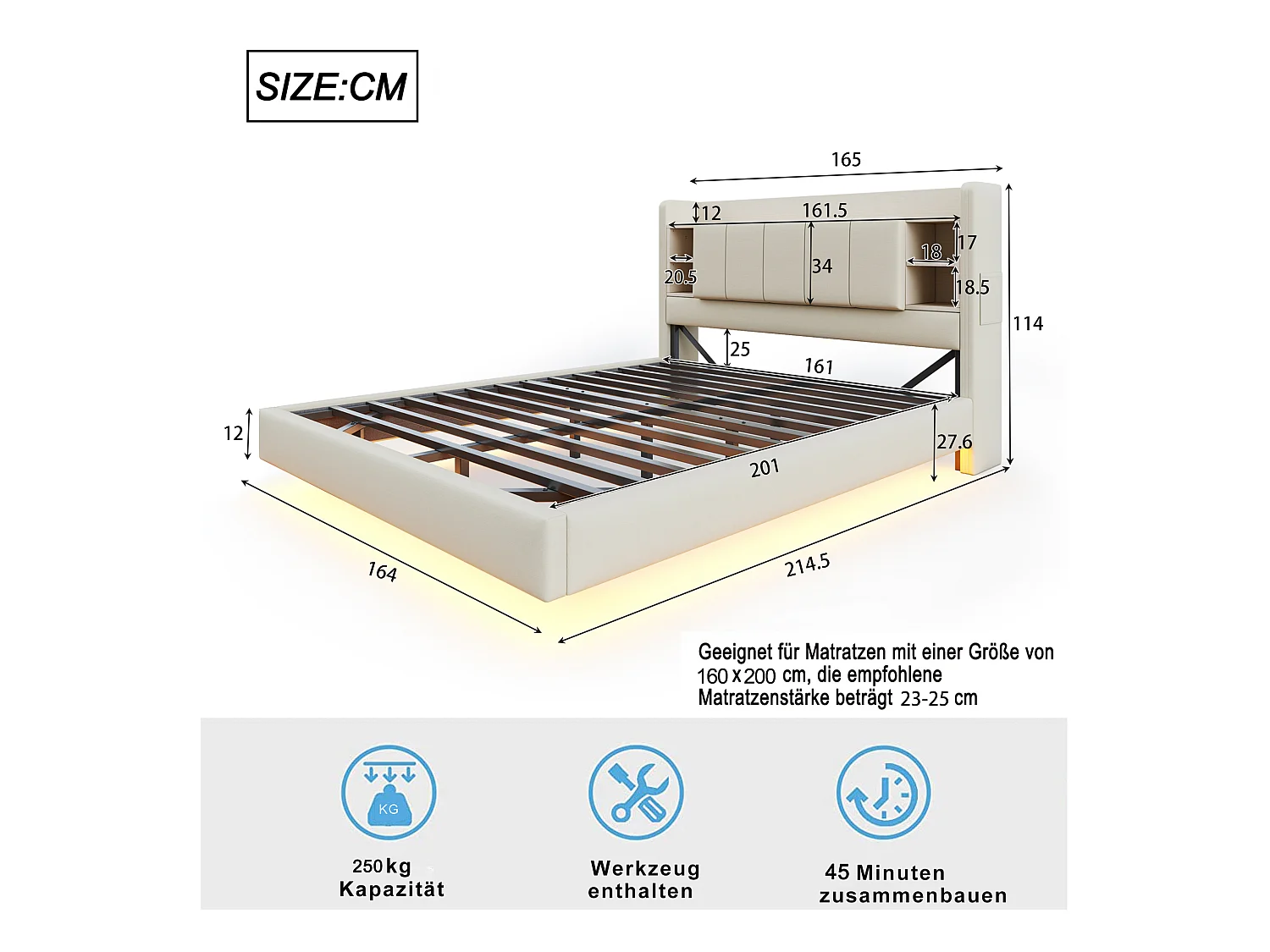 Lit Polster 160 x 200 cm, avec prise USB et barre lumineuse, tête de lit réversible avec étagères et tiroirs, cadre métallique stable, tissu lin beige.