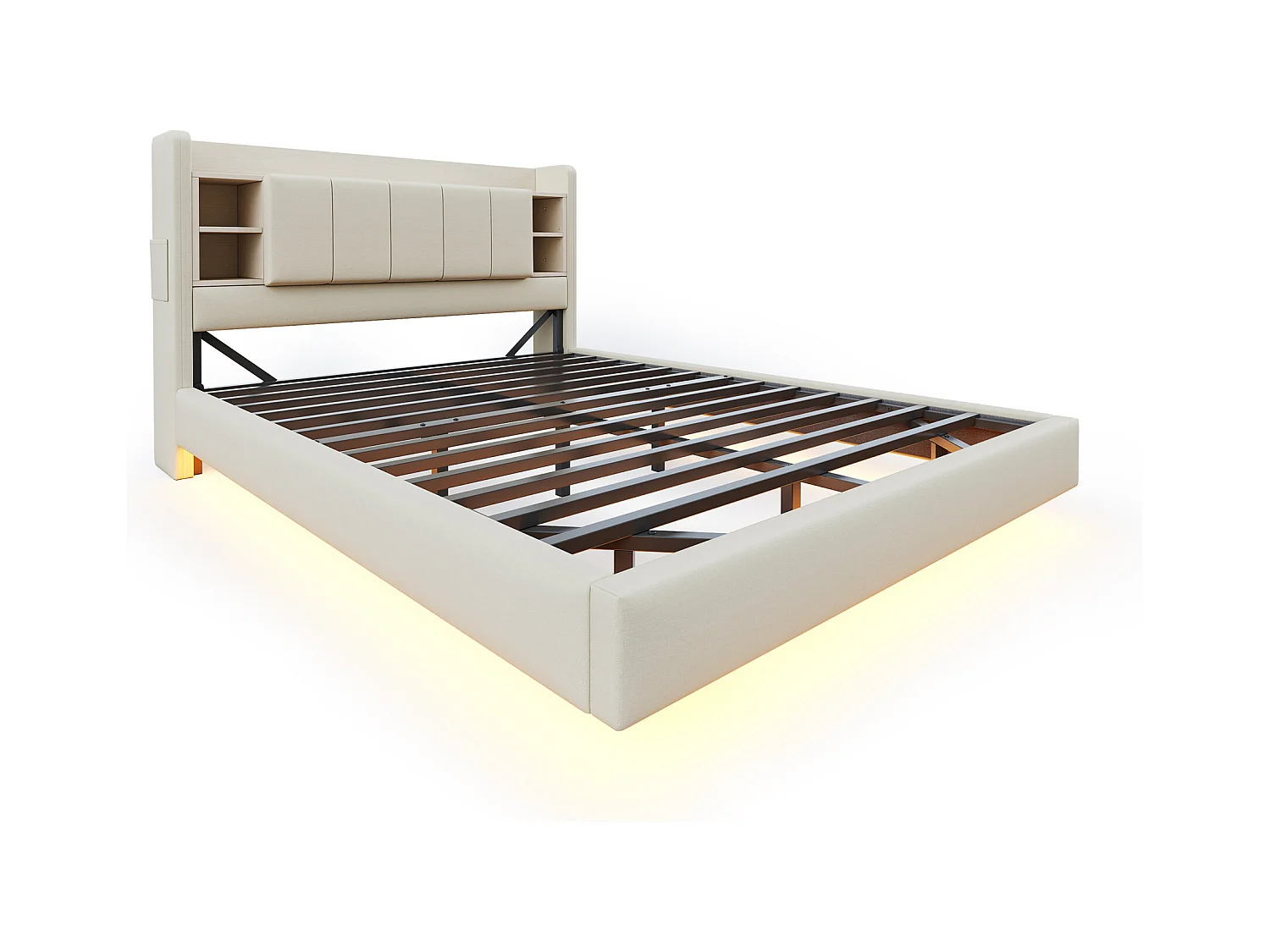 Lit Polster 160 x 200 cm, avec prise USB et barre lumineuse, tête de lit réversible avec étagères et tiroirs, cadre métallique stable, tissu lin beige.