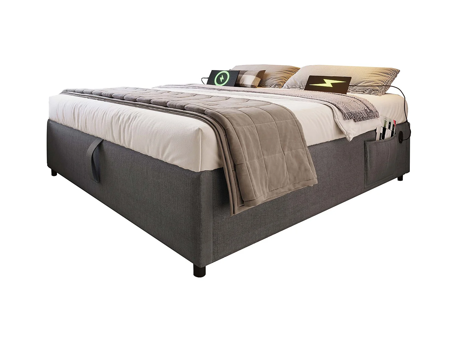Lit tapissier double 140×200cm : Lit à rangement (USB-C), lattes de support pleine surface, sans tête de lit, coton, gris