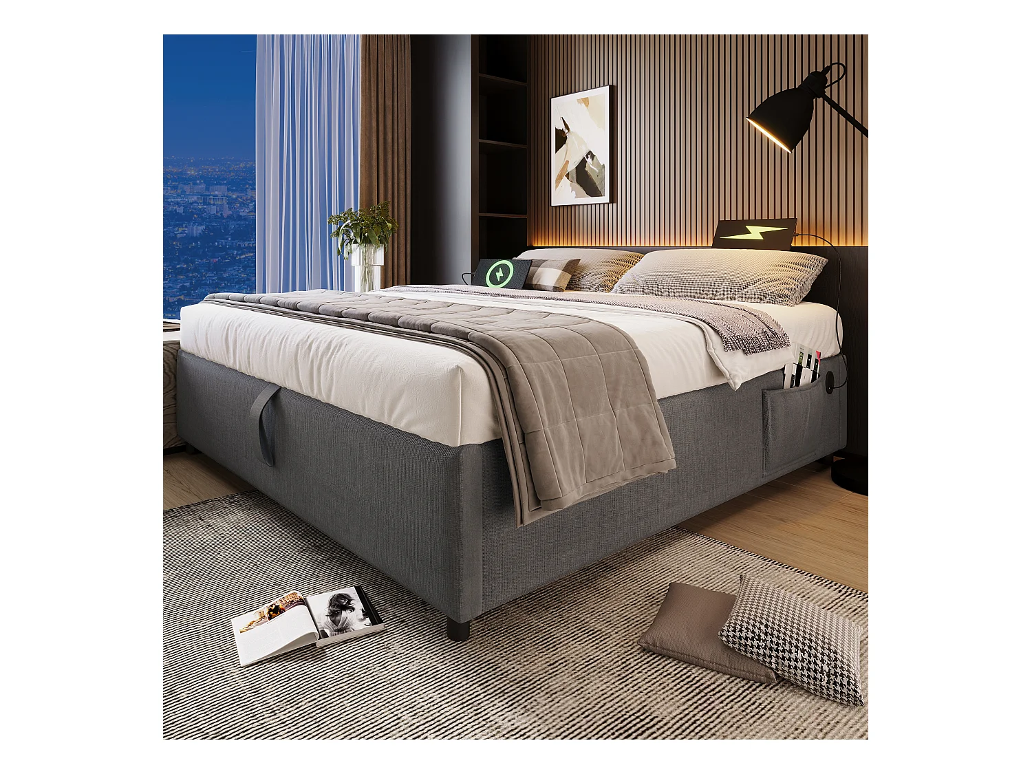 Lit tapissier double 140×200cm : Lit à rangement (USB-C), lattes de support pleine surface, sans tête de lit, coton, gris