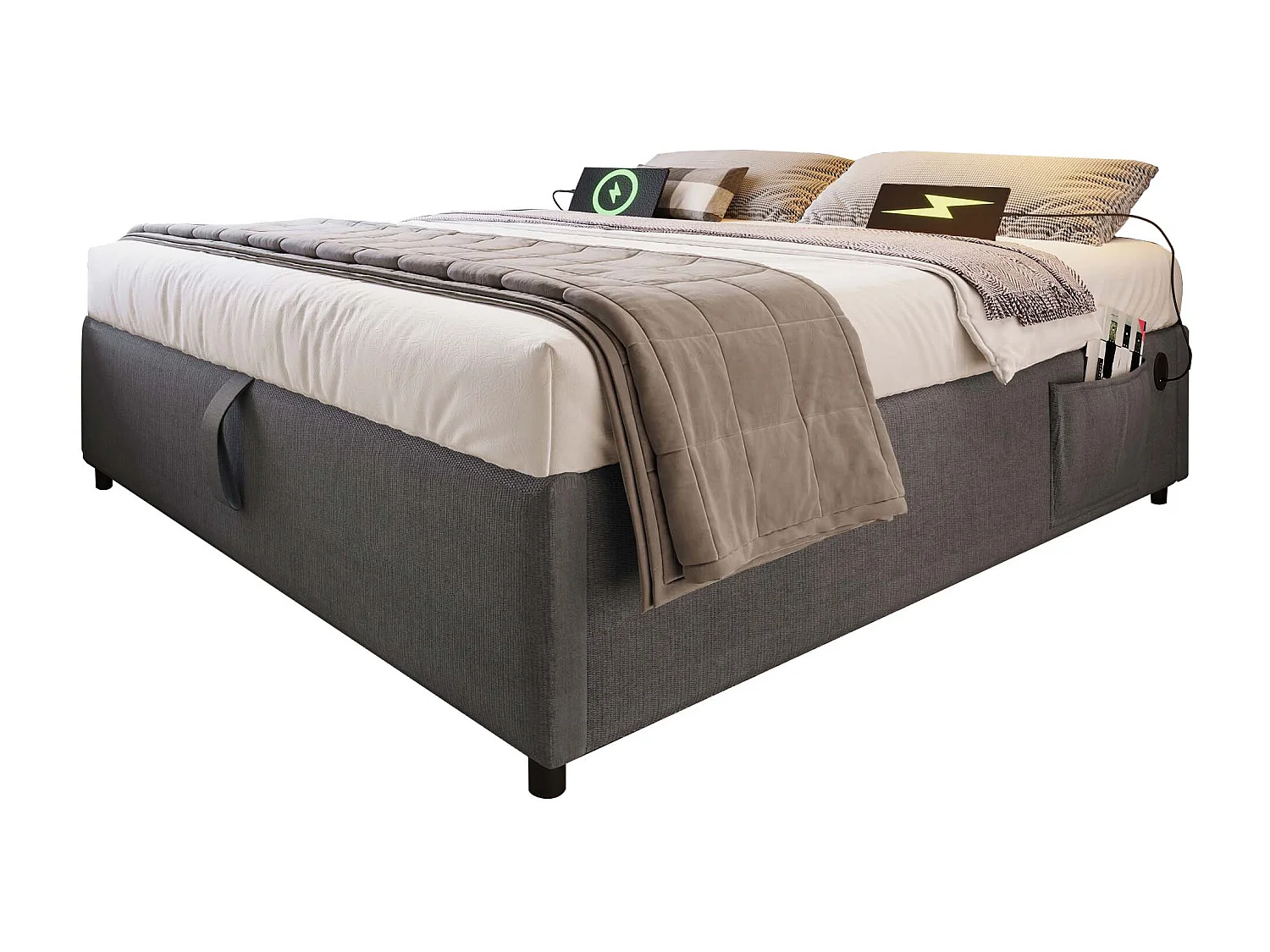 Lit tapissier double 140×200cm : Lit à rangement (USB-C), lattes de support pleine surface, sans tête de lit, coton, gris