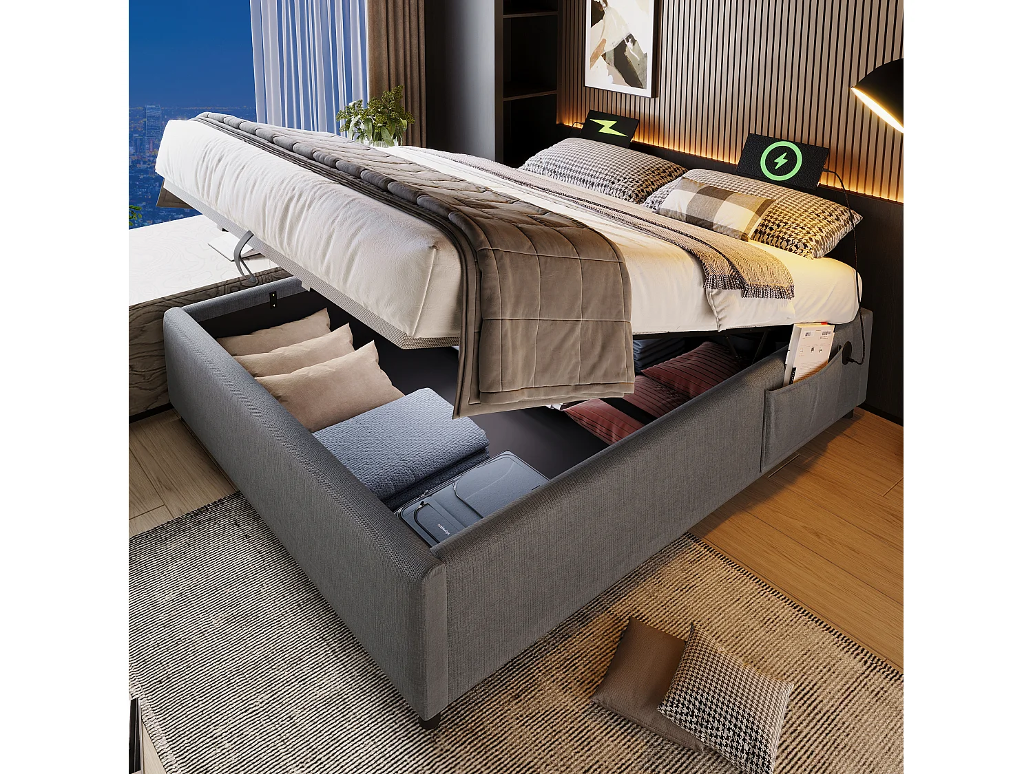 Lit tapissier double 140×200cm : Lit à rangement (USB-C), lattes de support pleine surface, sans tête de lit, coton, gris