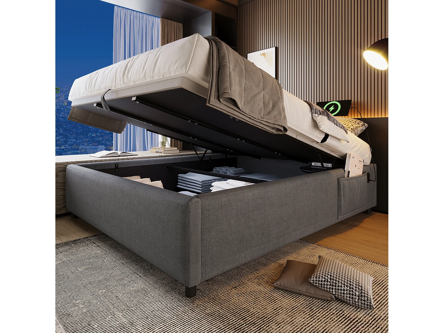 Lit tapissier double 140×200cm : Lit à rangement (USB-C), lattes de support pleine surface, sans tête de lit, coton, gris