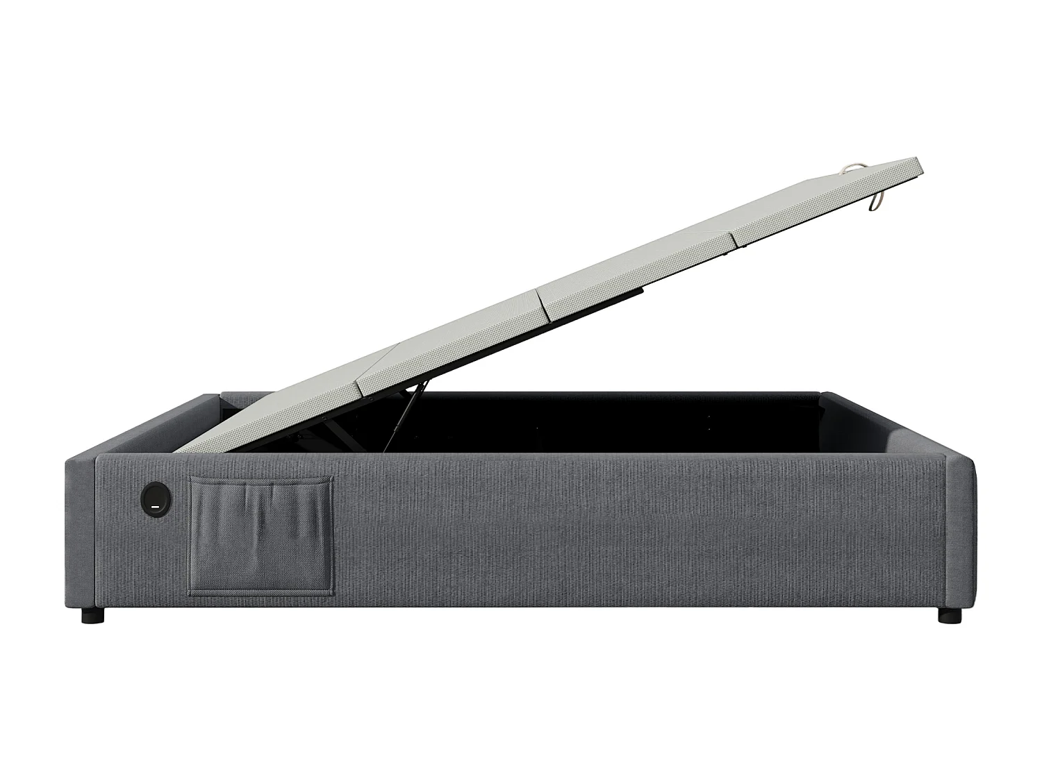 Lit tapissier double 140×200cm : Lit à rangement (USB-C), lattes de support pleine surface, sans tête de lit, coton, gris