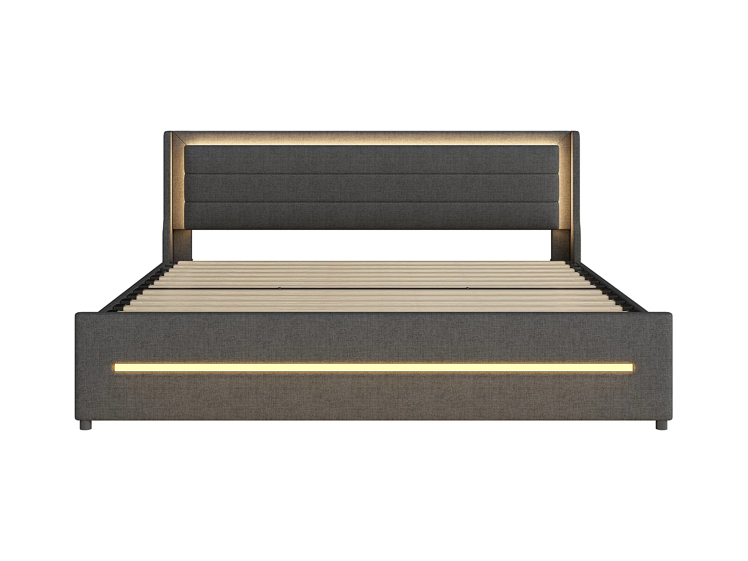 Lit 180x200 cm gris en lin avec LED multicolores, 4 étagères, sommier inclus, sans matelas