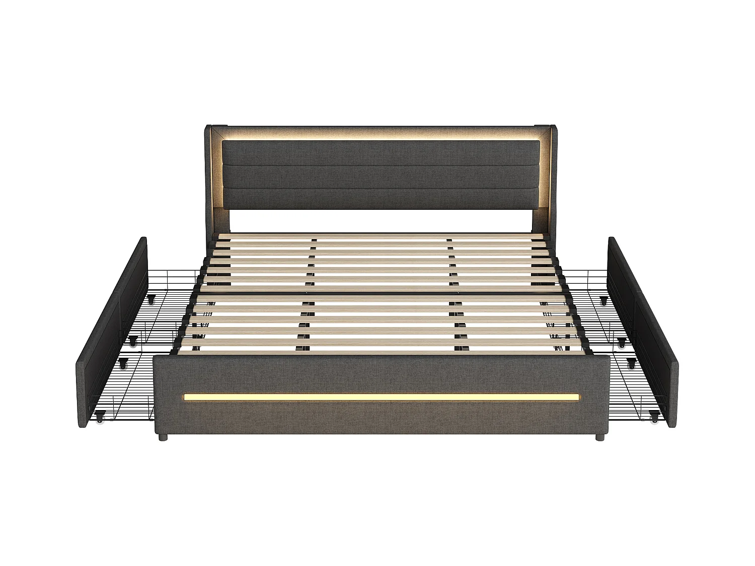 Lit 180x200 cm gris en lin avec LED multicolores, 4 étagères, sommier inclus, sans matelas