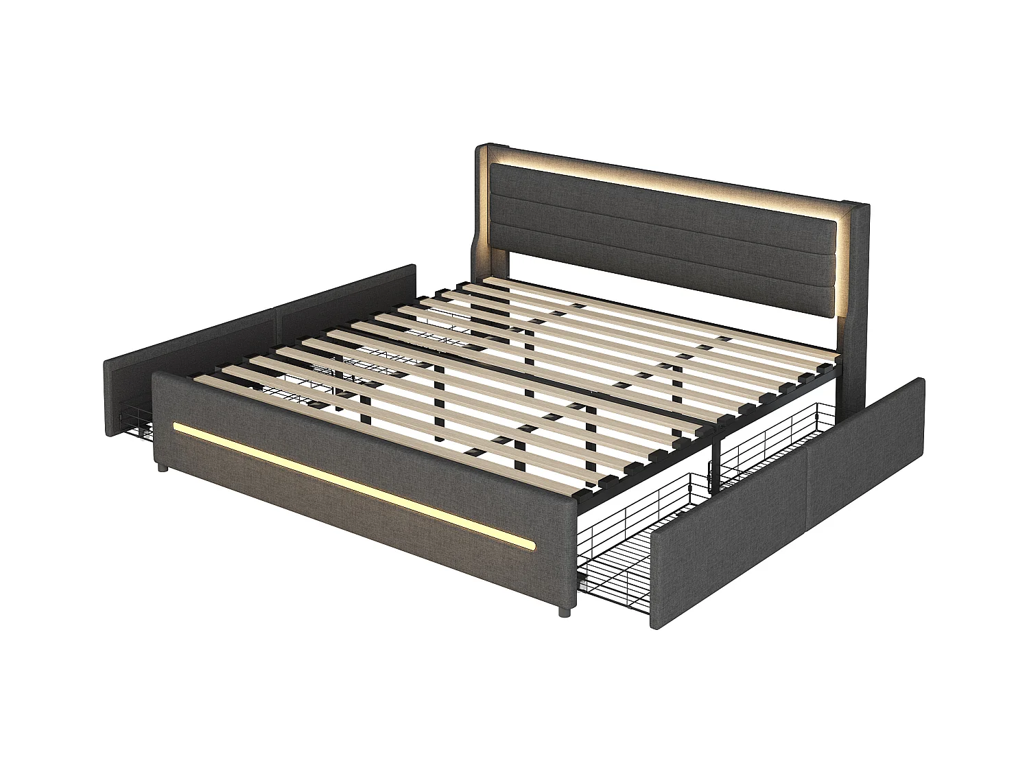 Lit 180x200 cm gris en lin avec LED multicolores, 4 étagères, sommier inclus, sans matelas