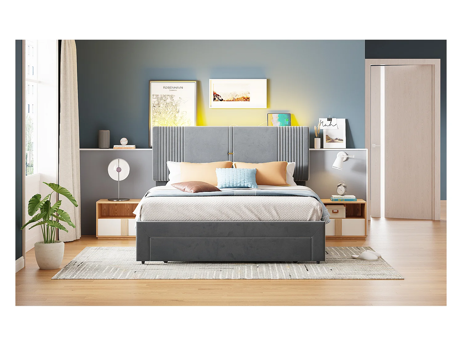 Lit 140 x 200 cm avec Éclairage, USB, Tête de Lit et Grand Tiroir, en Velours Gris