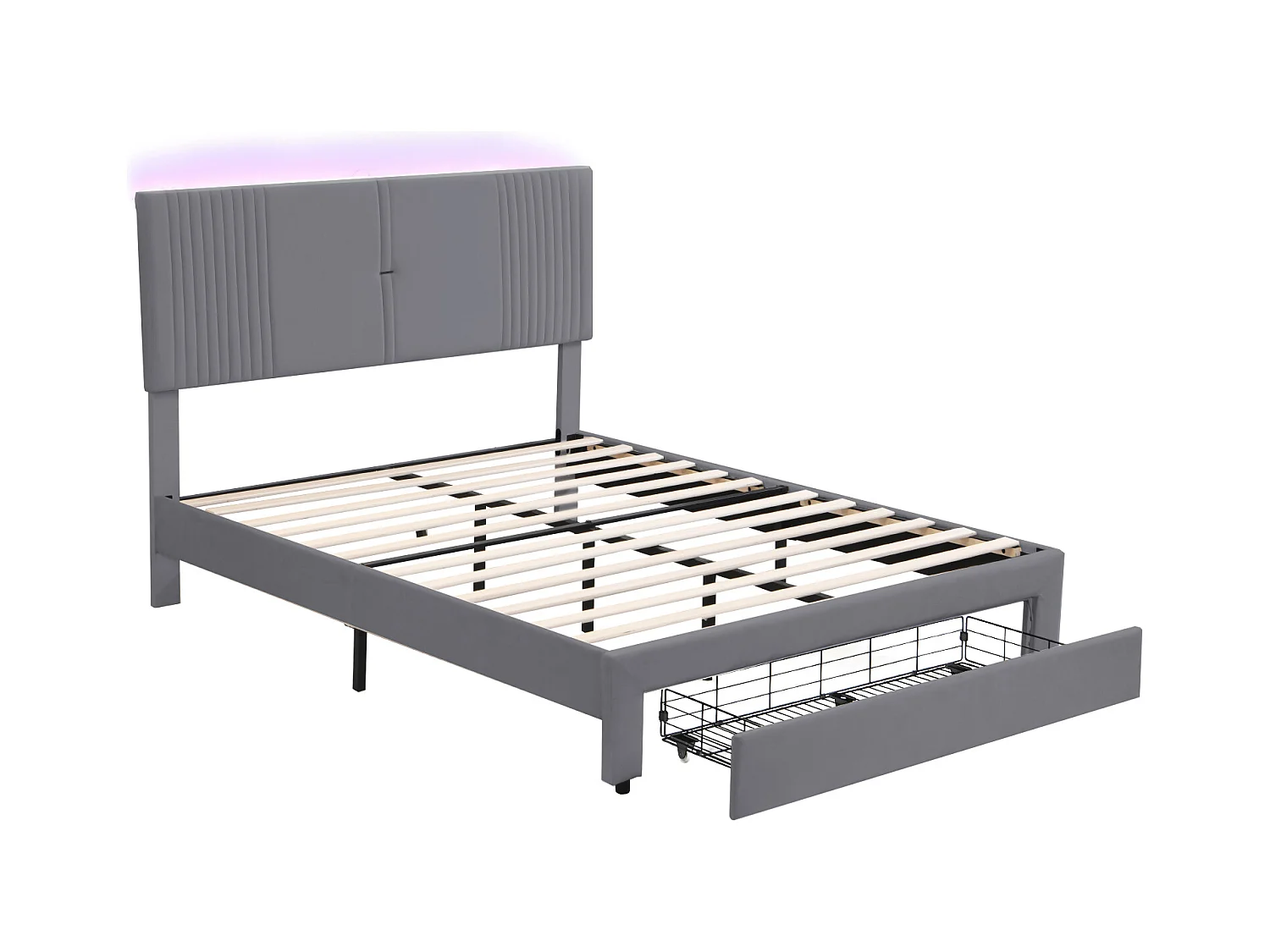 Lit 140 x 200 cm avec Éclairage, USB, Tête de Lit et Grand Tiroir, en Velours Gris