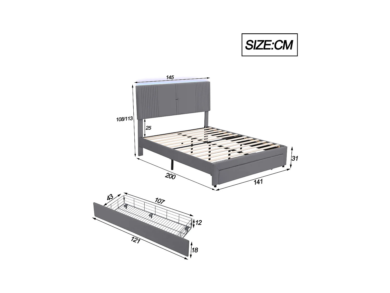 Lit 140 x 200 cm avec Éclairage, USB, Tête de Lit et Grand Tiroir, en Velours Gris
