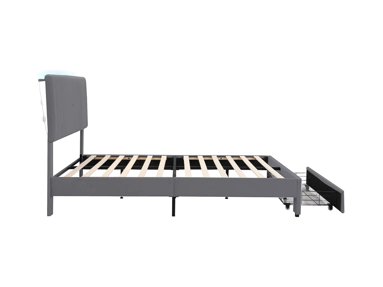 Lit 140 x 200 cm avec Éclairage, USB, Tête de Lit et Grand Tiroir, en Velours Gris