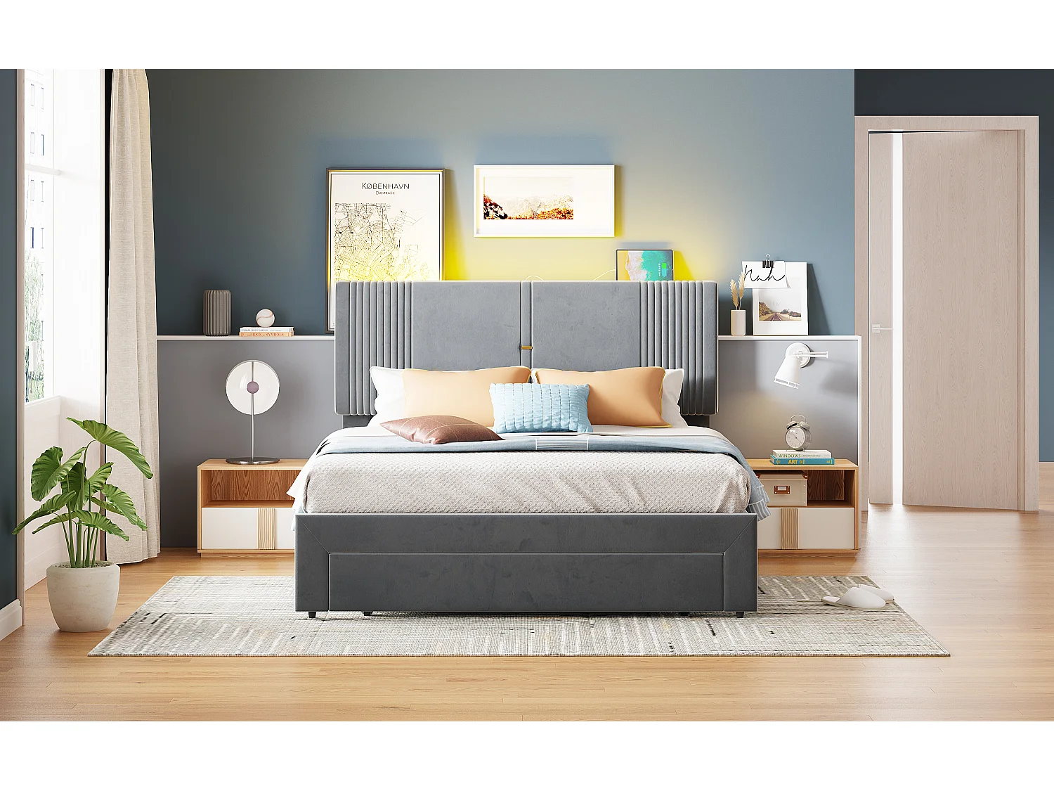 Lit 140 x 200 cm avec Éclairage, USB, Tête de Lit et Grand Tiroir, en Velours Gris