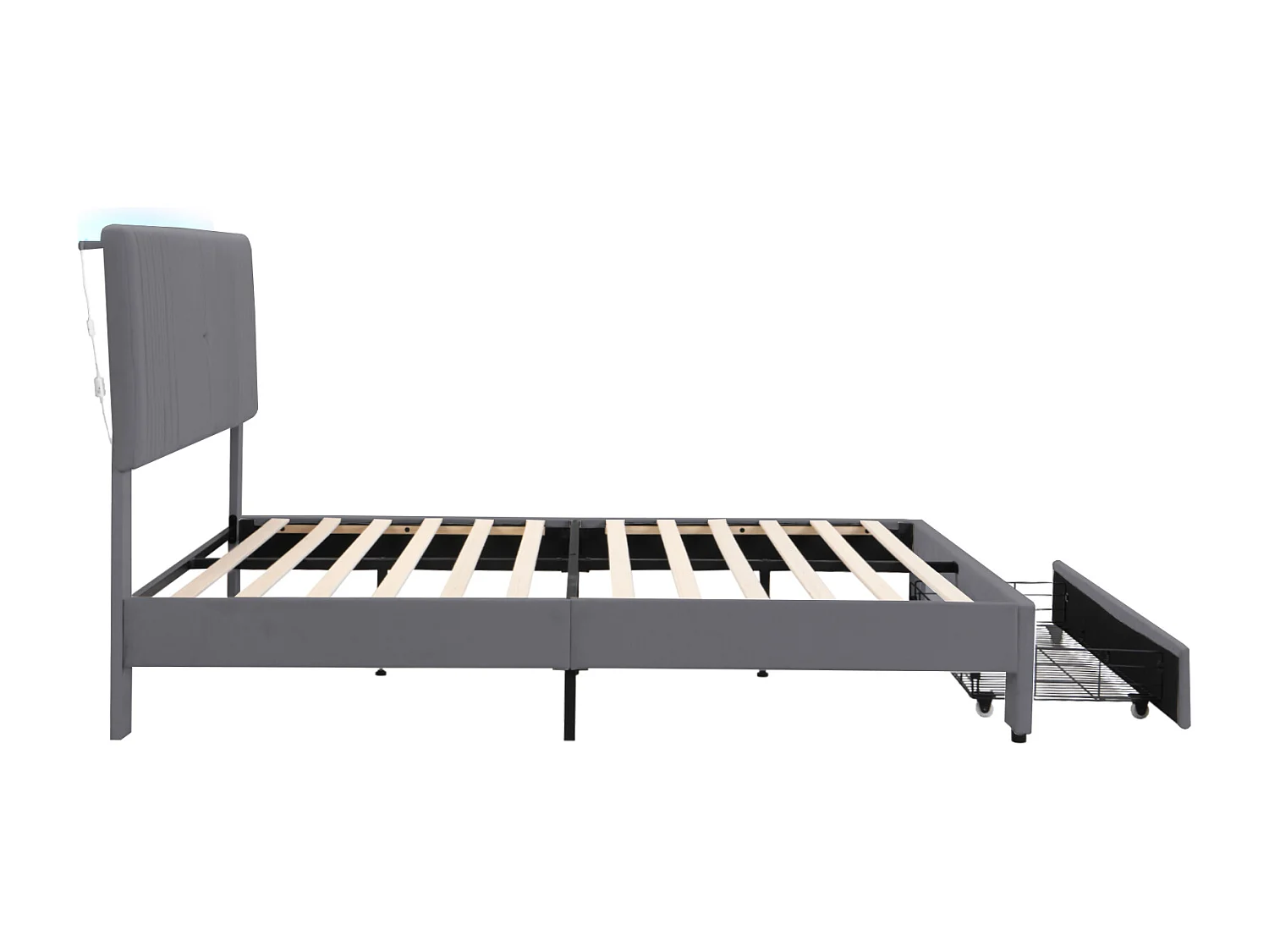 Lit 140 x 200 cm avec Éclairage, USB, Tête de Lit et Grand Tiroir, en Velours Gris