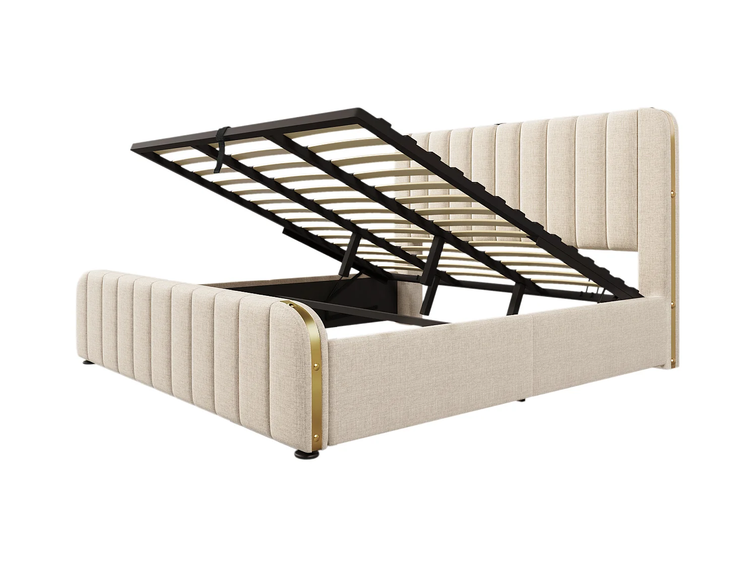 Lit double 180x200 avec tête rembourrée, décor doré, port USB-C, rangement hydraulique, capacité 226 kg, lin beige, sans matelas.