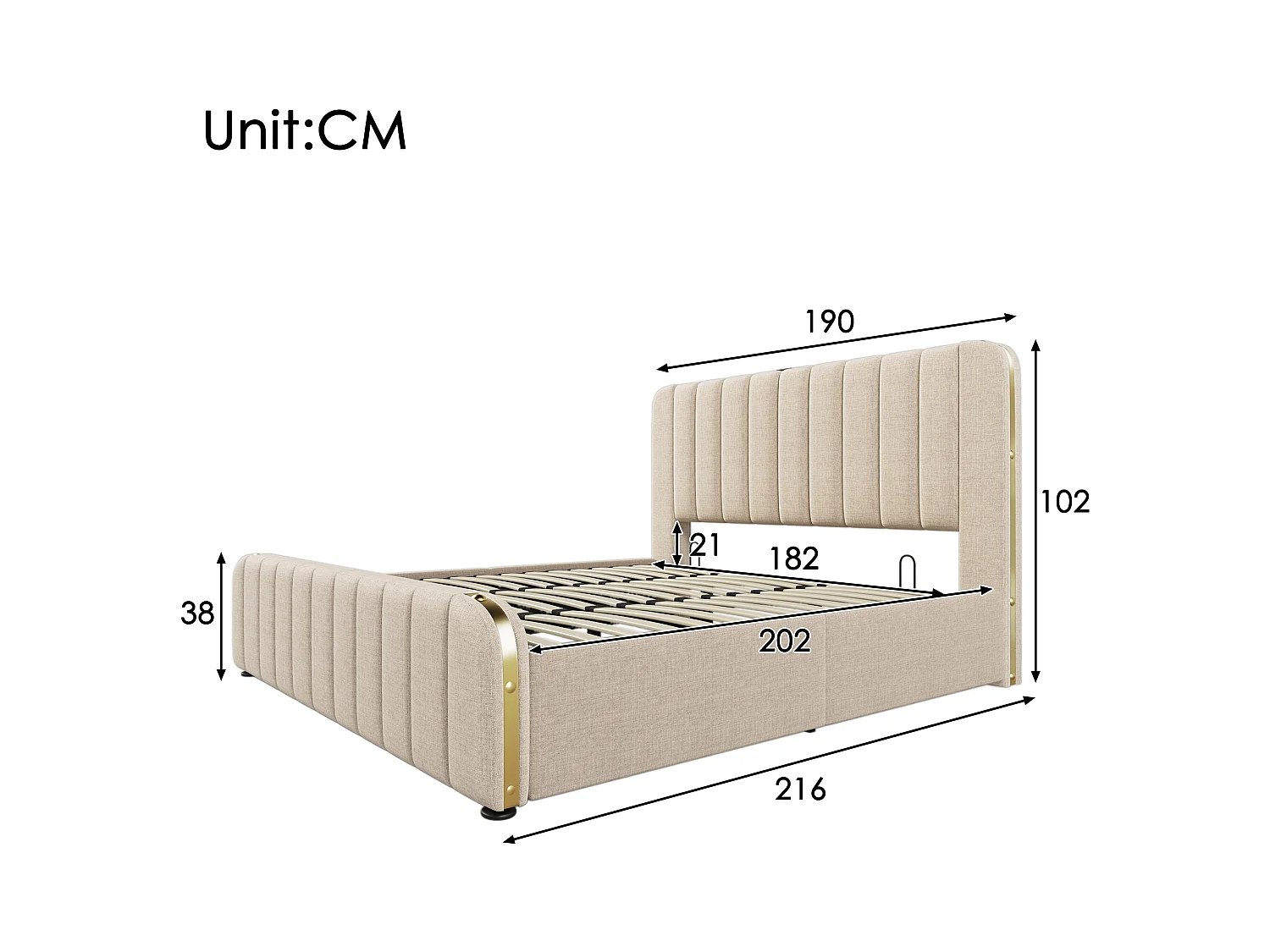 Lit double 180x200 avec tête rembourrée, décor doré, port USB-C, rangement hydraulique, capacité 226 kg, lin beige, sans matelas.