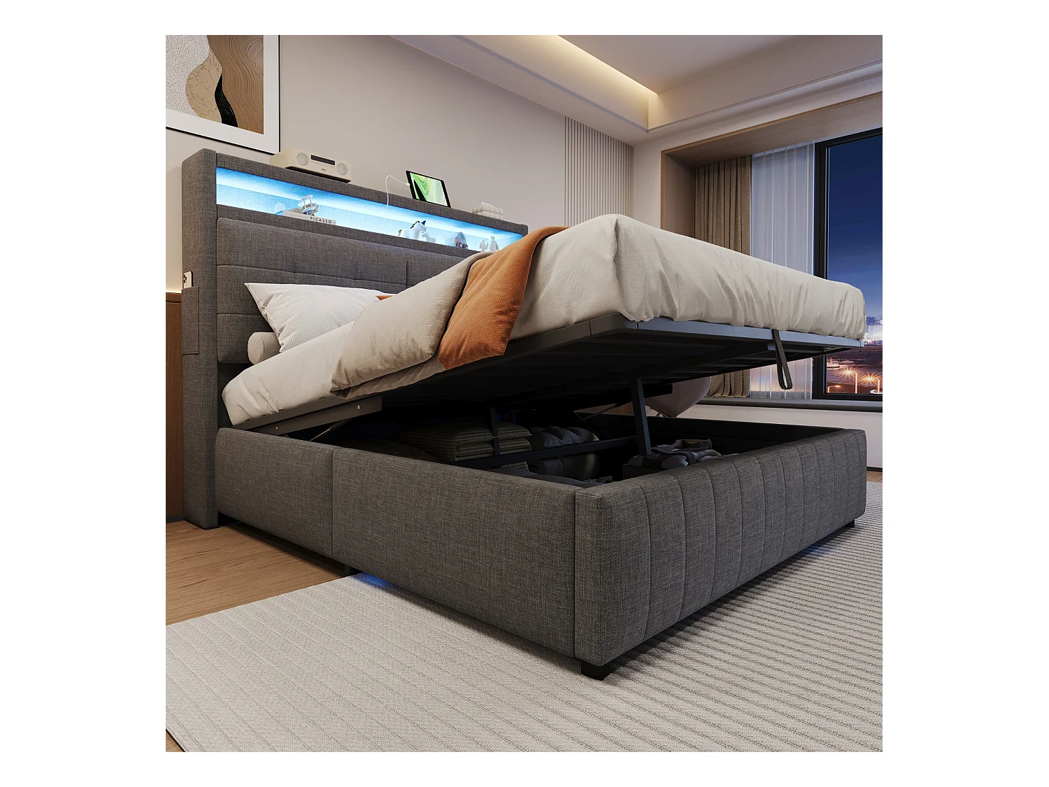 Lit Polster 160x200 cm avec LED et USB, tête de lit avec étagères, rangement hydraulique, lit double adulte en lin gris, sans matelas.