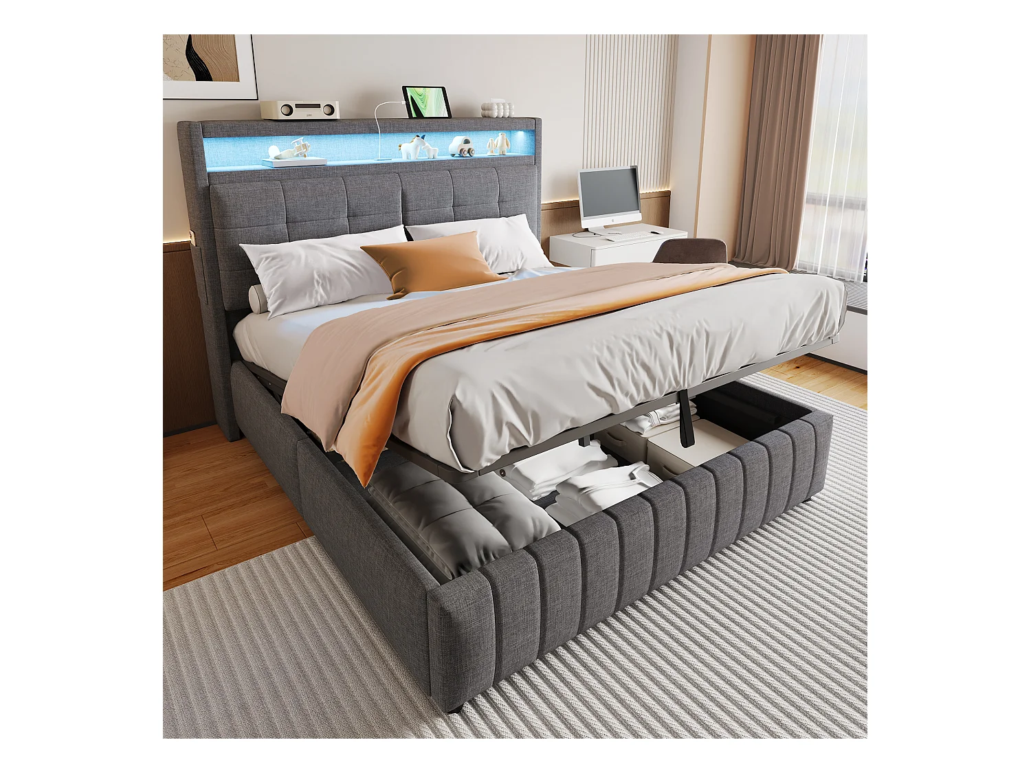 Lit Polster 160x200 cm avec LED et USB, tête de lit avec étagères, rangement hydraulique, lit double adulte en lin gris, sans matelas.