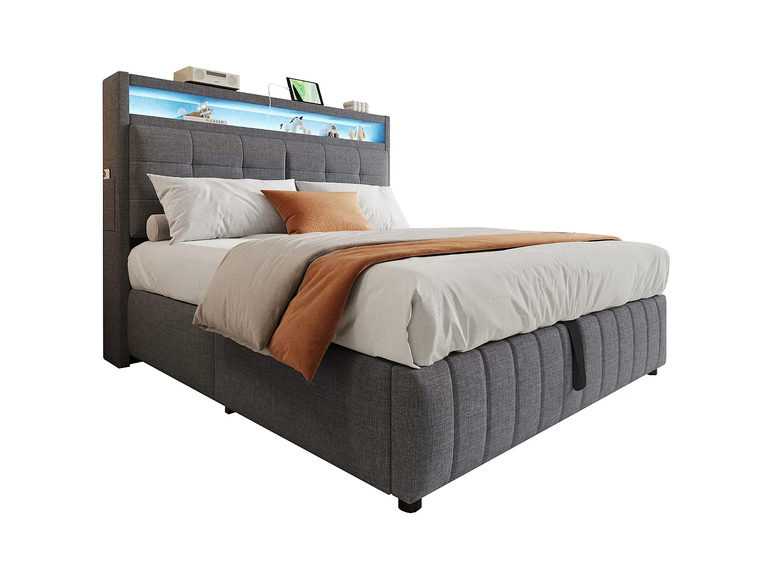 Lit Polster 160x200 cm avec LED et USB, tête de lit avec étagères, rangement hydraulique, lit double adulte en lin gris, sans matelas.