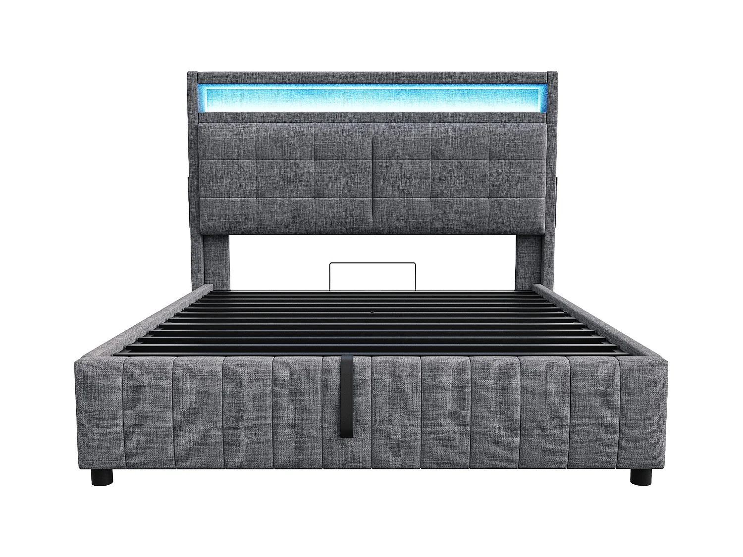 Lit Polster 160x200 cm avec LED et USB, tête de lit avec étagères, rangement hydraulique, lit double adulte en lin gris, sans matelas.