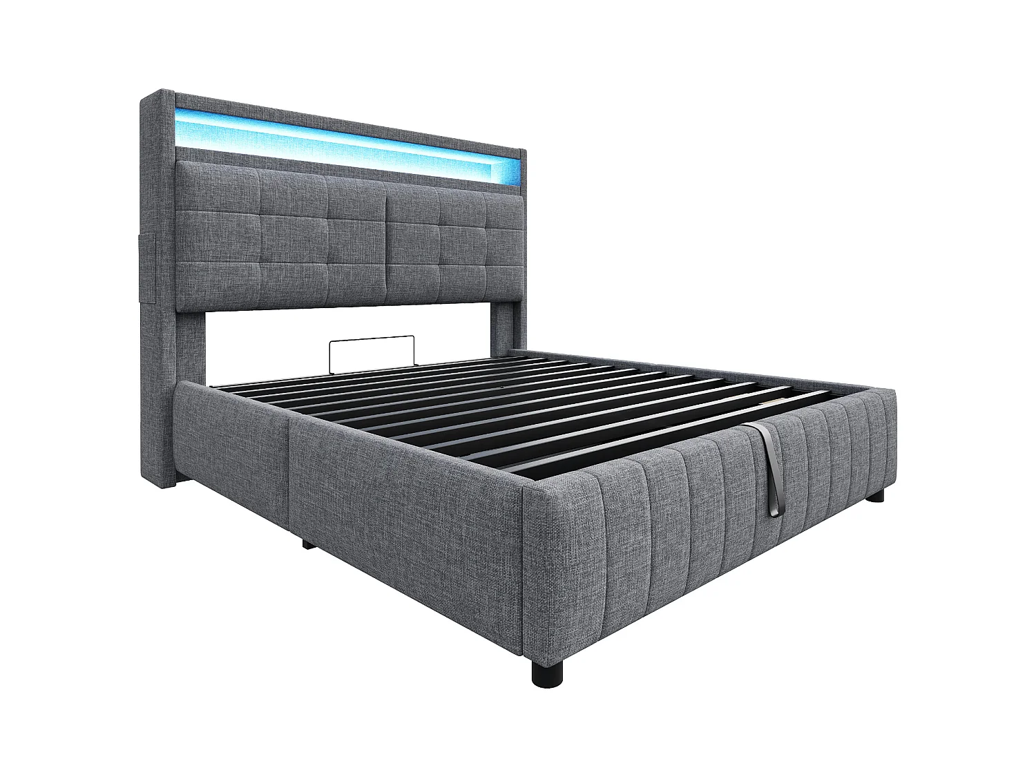 Lit Polster 160x200 cm avec LED et USB, tête de lit avec étagères, rangement hydraulique, lit double adulte en lin gris, sans matelas.