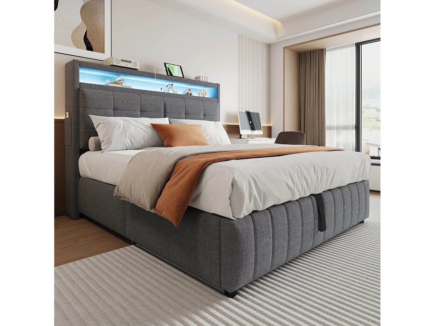 Lit Polster 160x200 cm avec LED et USB, tête de lit avec étagères, rangement hydraulique, lit double adulte en lin gris, sans matelas.