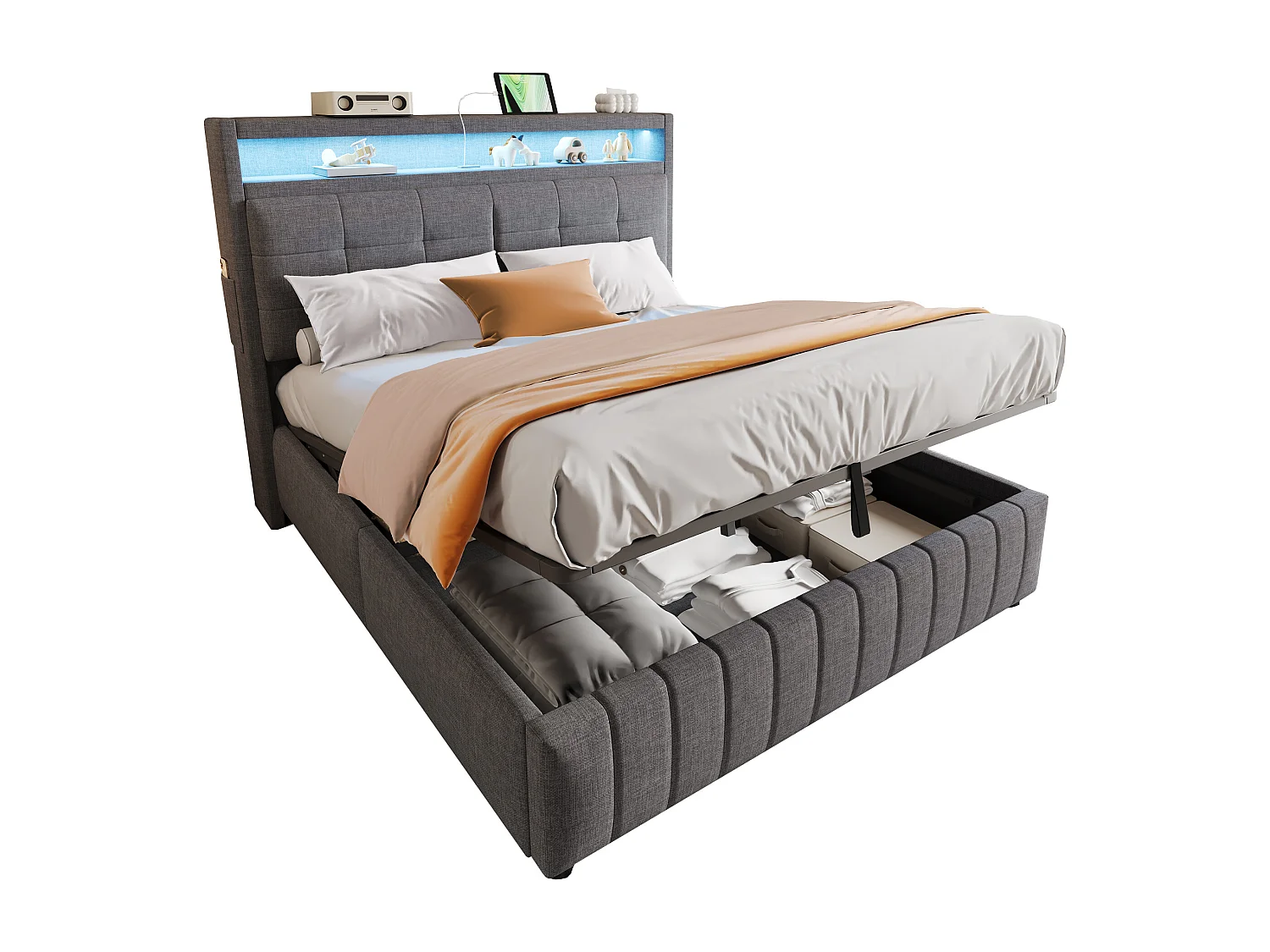 Lit Polster 160x200 cm avec LED et USB, tête de lit avec étagères, rangement hydraulique, lit double adulte en lin gris, sans matelas.