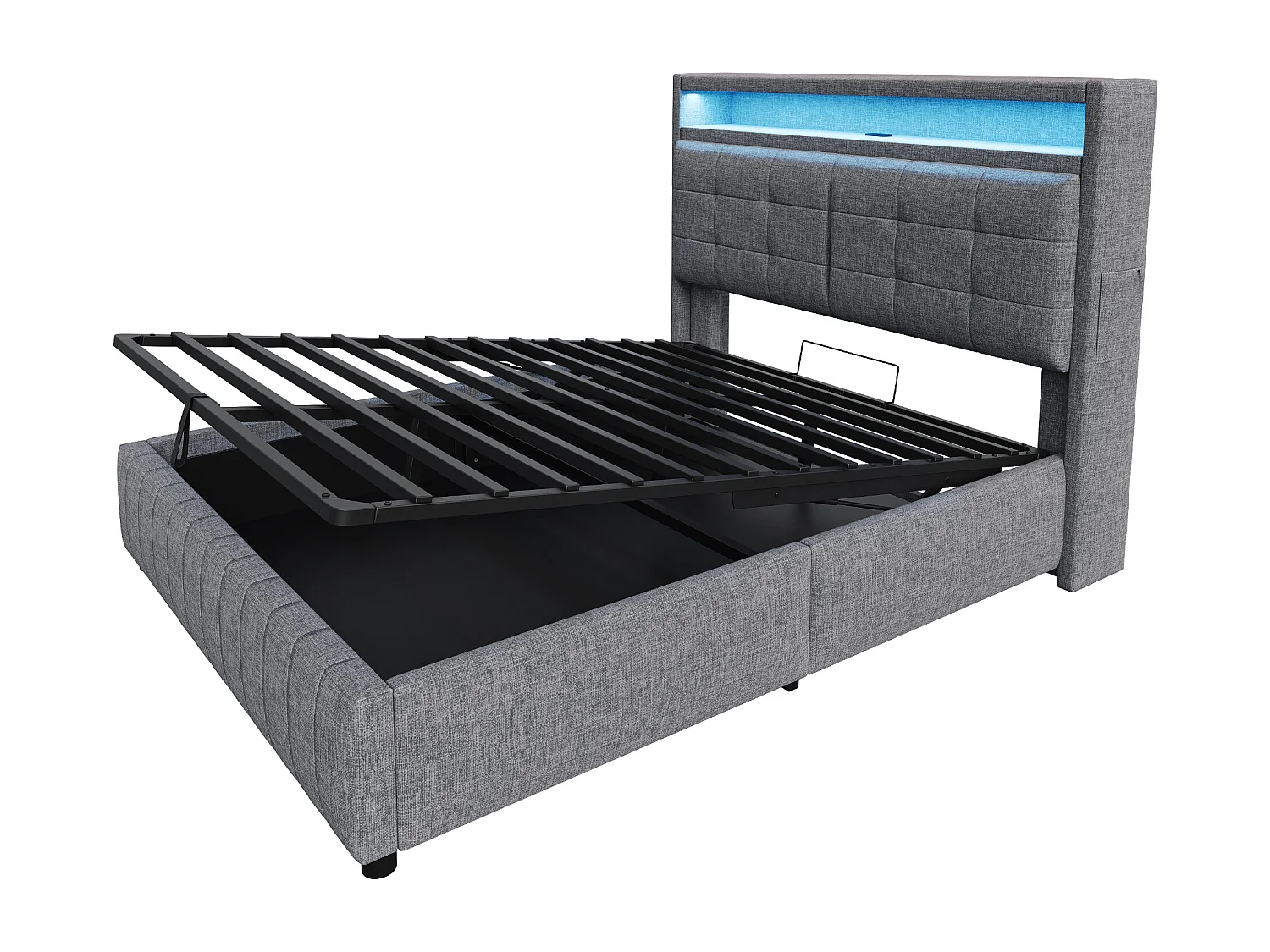 Lit Polster 160x200 cm avec LED et USB, tête de lit avec étagères, rangement hydraulique, lit double adulte en lin gris, sans matelas.