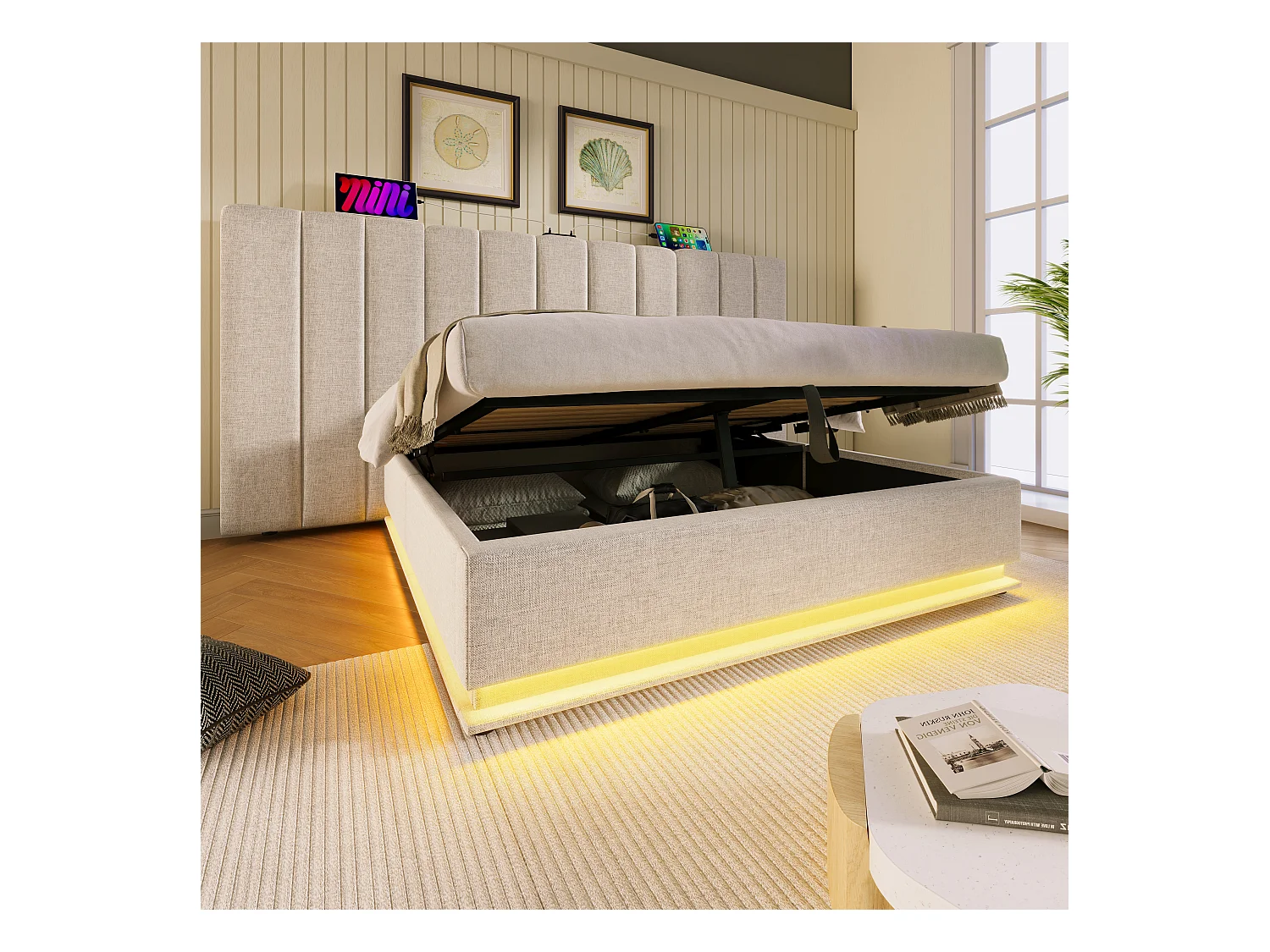 Lit Polster 180×200 cm avec rangement, LED et USB-C, sommier à lattes, lin beige, sans matelas ni table de nuit – idéal pour chambre moderne.