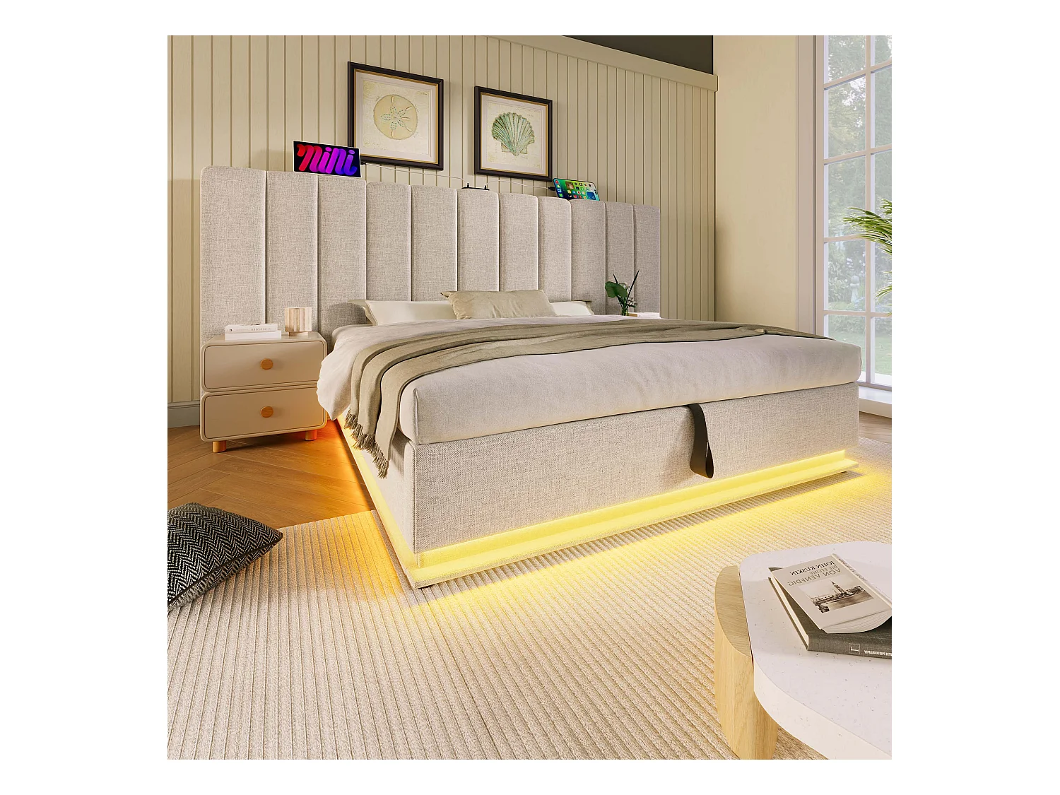 Lit Polster 180×200 cm avec rangement, LED et USB-C, sommier à lattes, lin beige, sans matelas ni table de nuit – idéal pour chambre moderne.