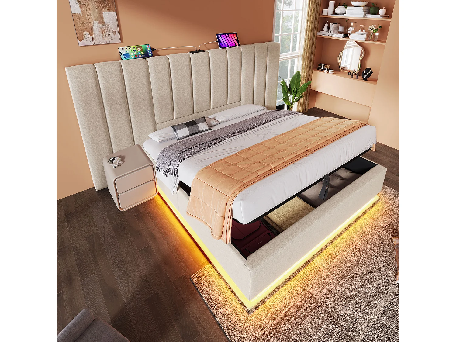 Lit Polster 180×200 cm avec rangement, LED et USB-C, sommier à lattes, lin beige, sans matelas ni table de nuit – idéal pour chambre moderne.