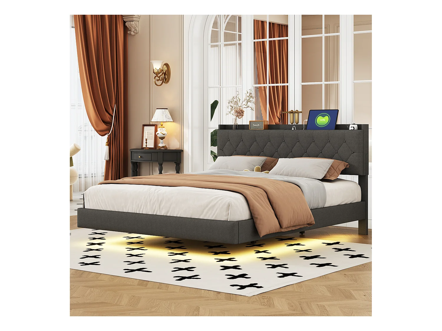 Lit Polster 160 x 200 cm avec port USB et bande LED à changement de couleur, lit double en tissu lin doux avec sommier, gris.