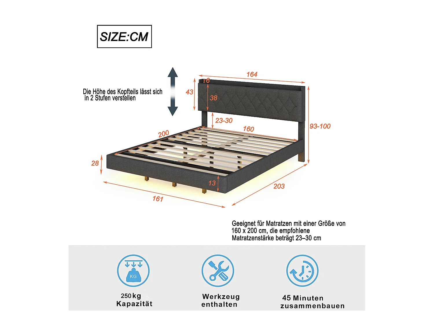 Lit Polster 160 x 200 cm avec port USB et bande LED à changement de couleur, lit double en tissu lin doux avec sommier, gris.