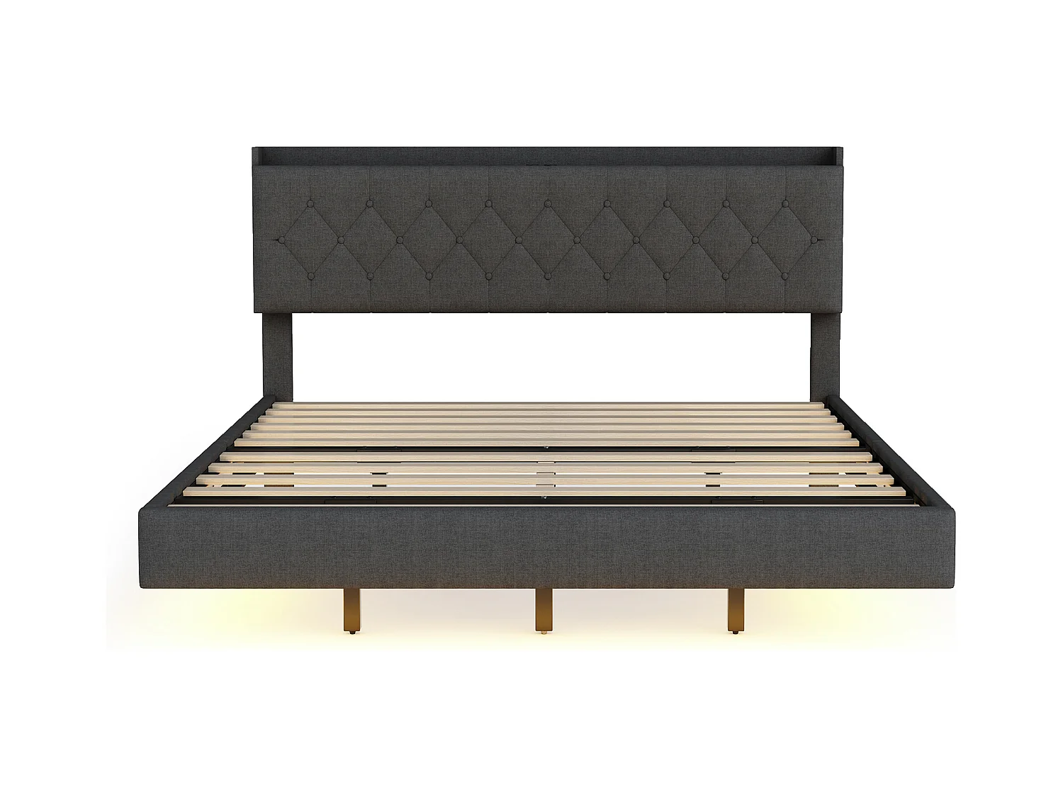 Lit Polster 160 x 200 cm avec port USB et bande LED à changement de couleur, lit double en tissu lin doux avec sommier, gris.