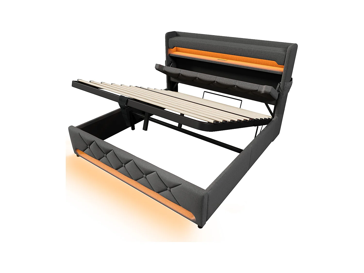 Lit tapissier double 160×200cm : Tête rangement (USB/Typ-C), LED 360° surround (tête/pied), rangement hydraulique, gris, lin (sans matelas)