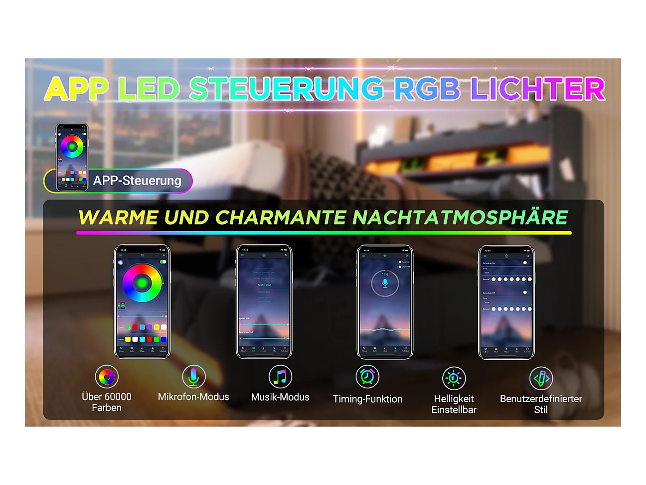 Lit tapissier double 160×200cm : Tête rangement (USB/Typ-C), LED 360° surround (tête/pied), rangement hydraulique, gris, lin (sans matelas)